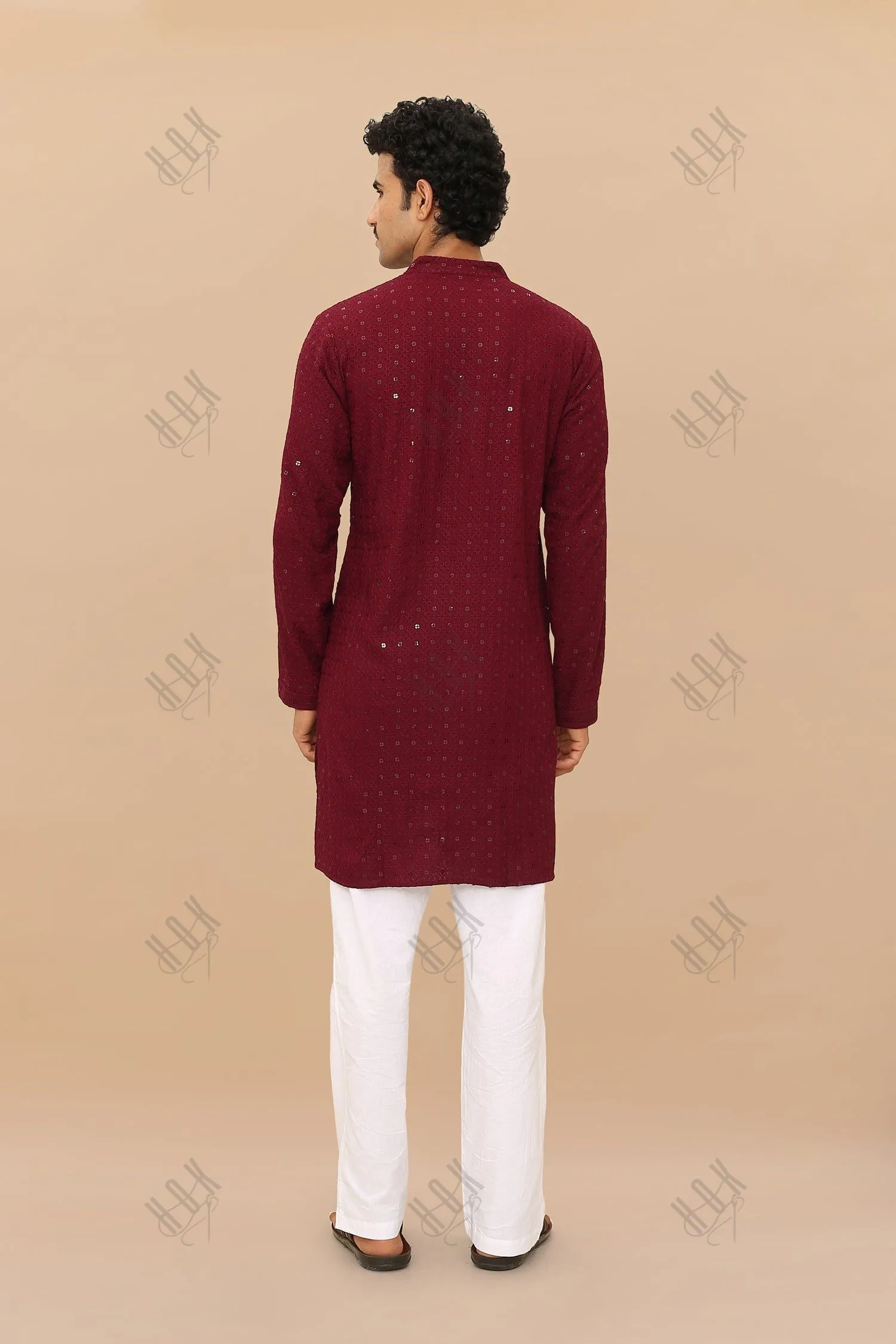 Men's Kurta In  Chikankari Rayon   - Wine