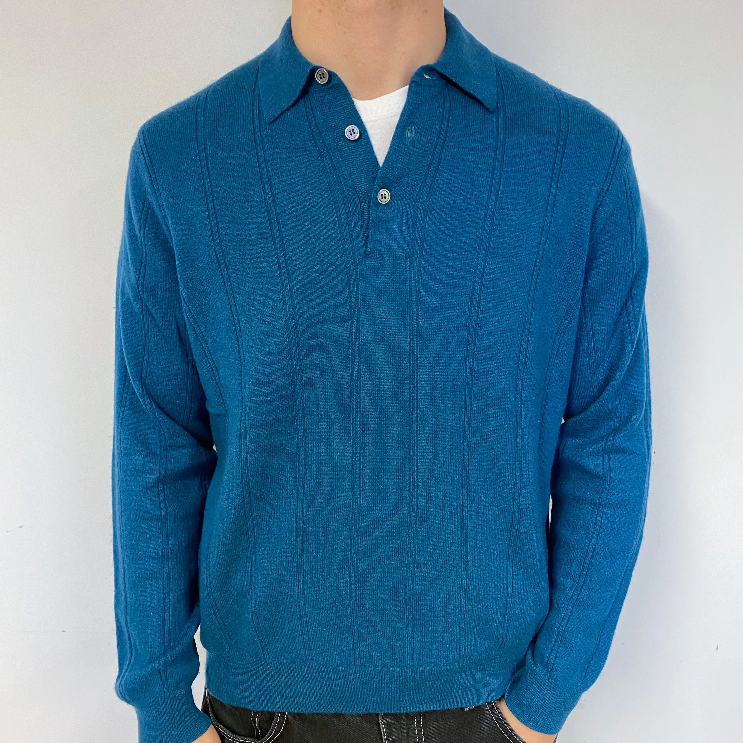 Men's Teal Green Cashmere 1/4 Button Jumper Medium