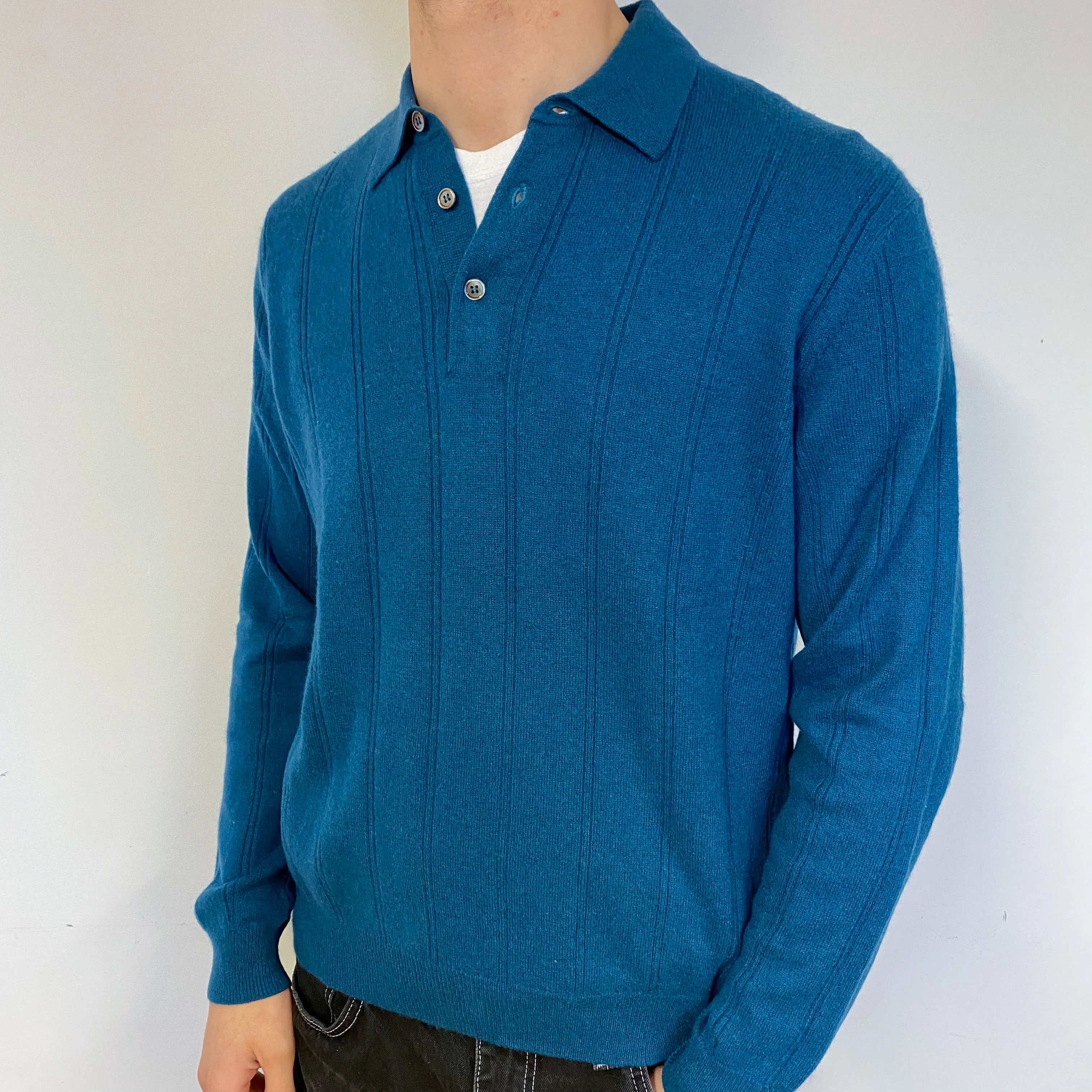 Men's Teal Green Cashmere 1/4 Button Jumper Medium