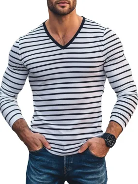 Men's Versatile Striped V-Neck Casual Long-Sleeved T-Shirt