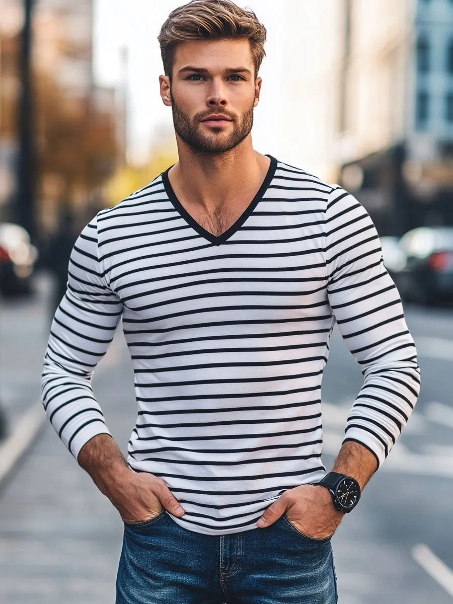 Men's Versatile Striped V-Neck Casual Long-Sleeved T-Shirt