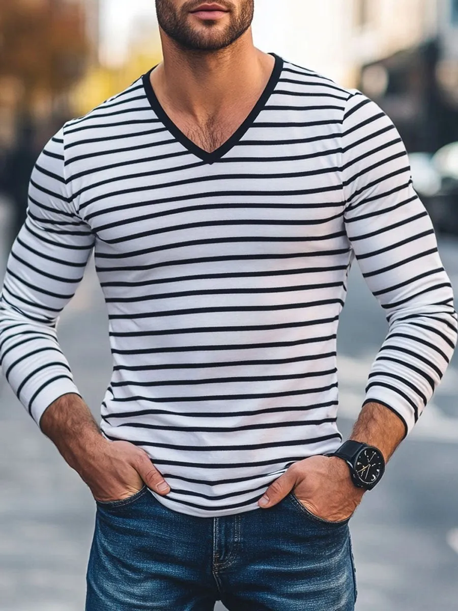 Men's Versatile Striped V-Neck Casual Long-Sleeved T-Shirt