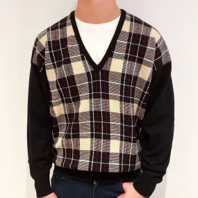 Men's Vintage Scottish Black Checked Cashmere V-Neck Jumper XXL