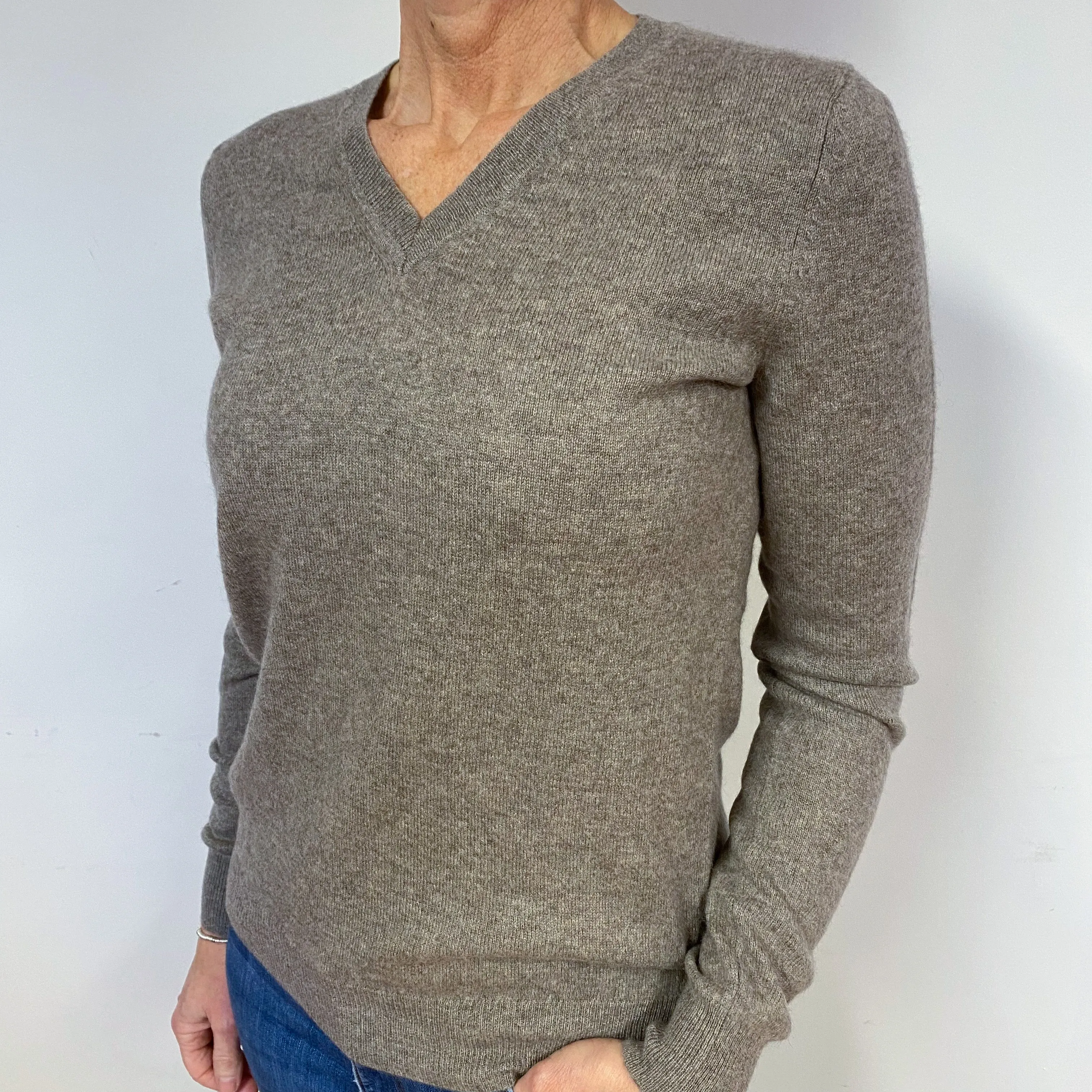 Mink Brown Cashmere V-Neck Jumper Medium