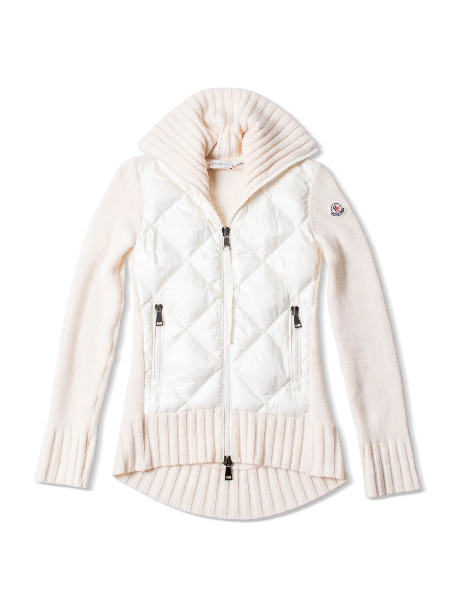 Moncler Logo Quilted Down Wool Zippered Asymmetrical Sweater Jacket Ivory