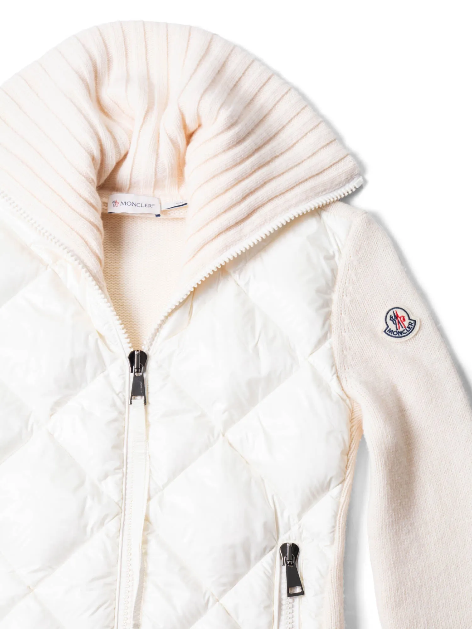 Moncler Logo Quilted Down Wool Zippered Asymmetrical Sweater Jacket Ivory