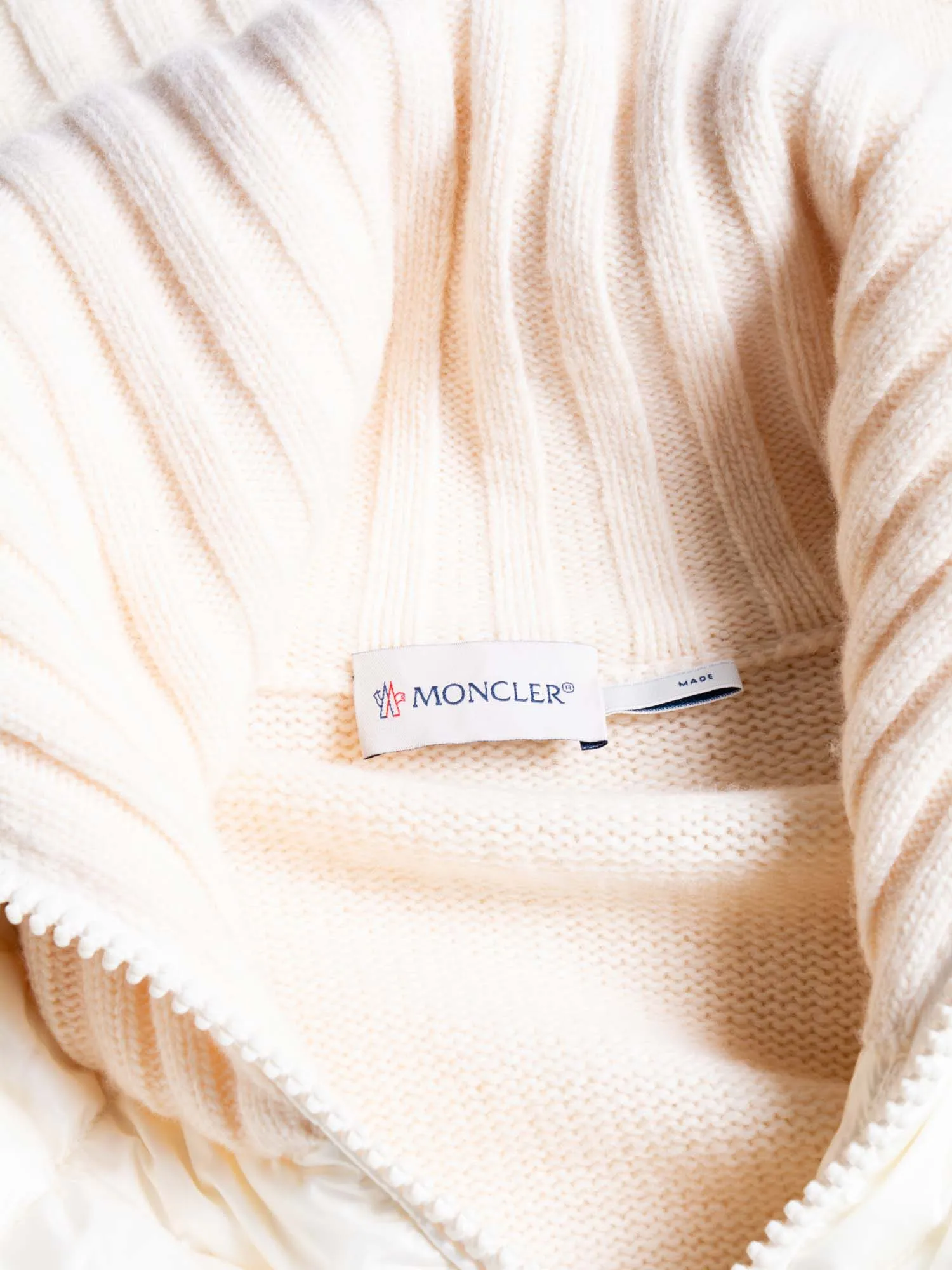 Moncler Logo Quilted Down Wool Zippered Asymmetrical Sweater Jacket Ivory