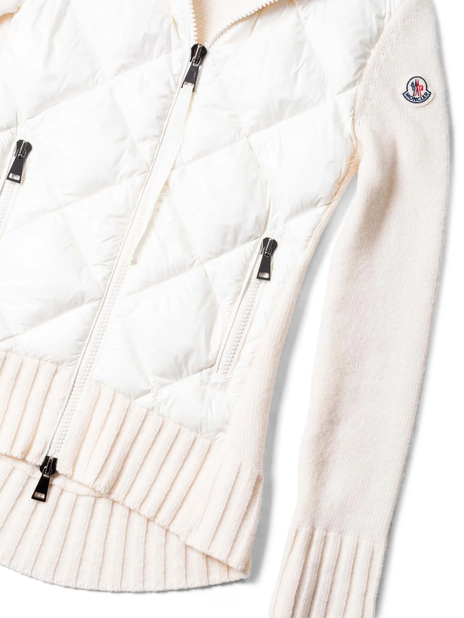 Moncler Logo Quilted Down Wool Zippered Asymmetrical Sweater Jacket Ivory