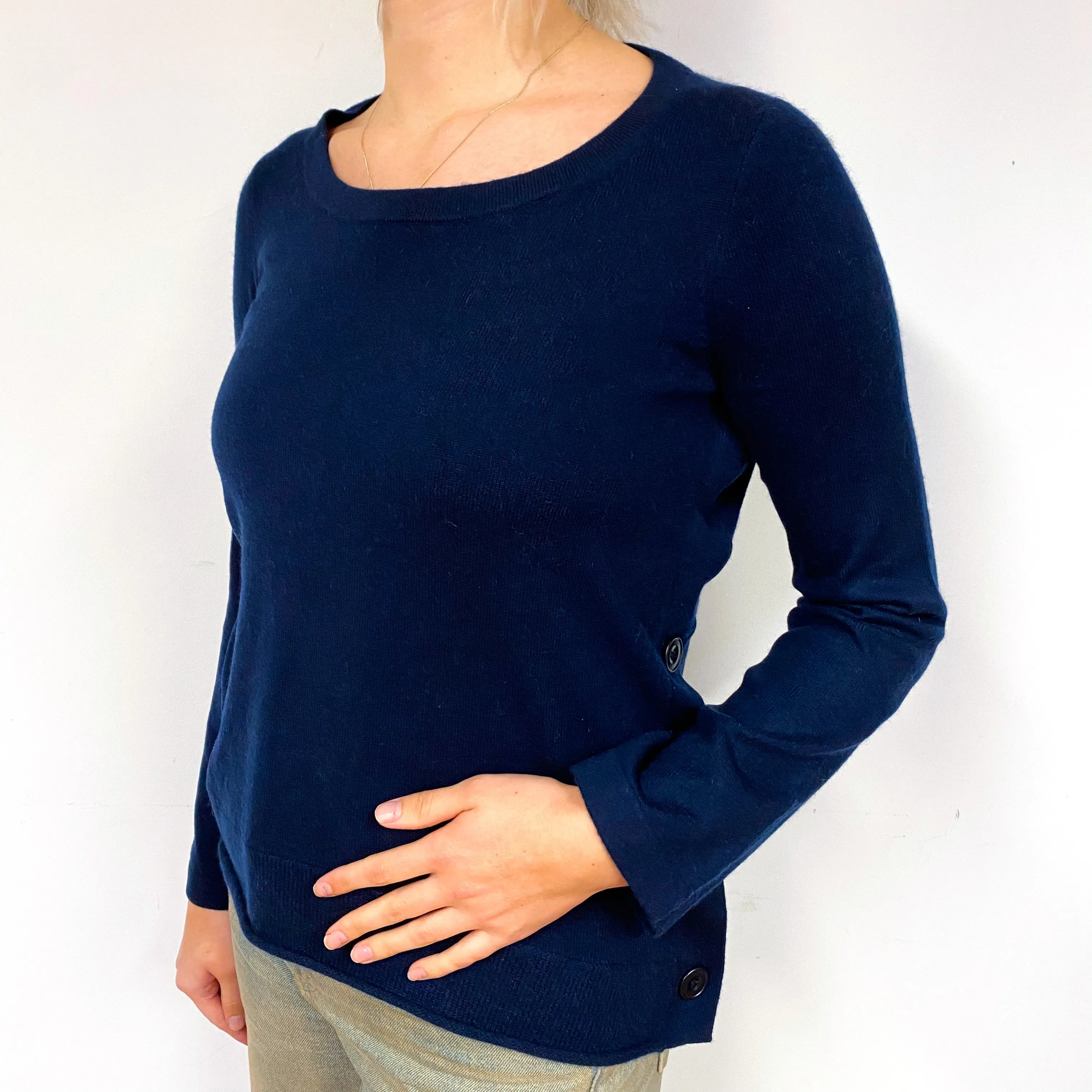 Navy Blue Side Buttoned Cashmere Crew Neck Jumper Small