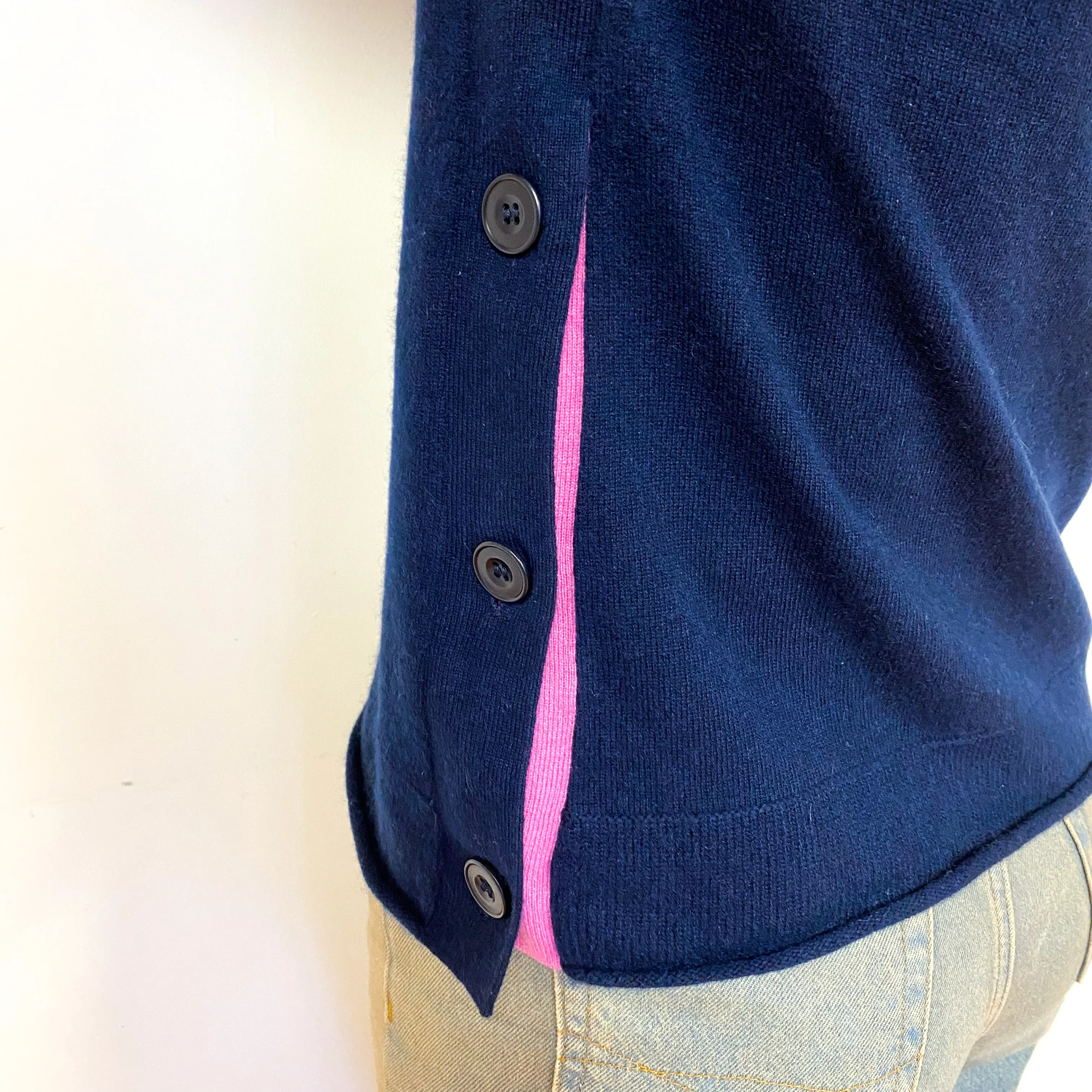 Navy Blue Side Buttoned Cashmere Crew Neck Jumper Small