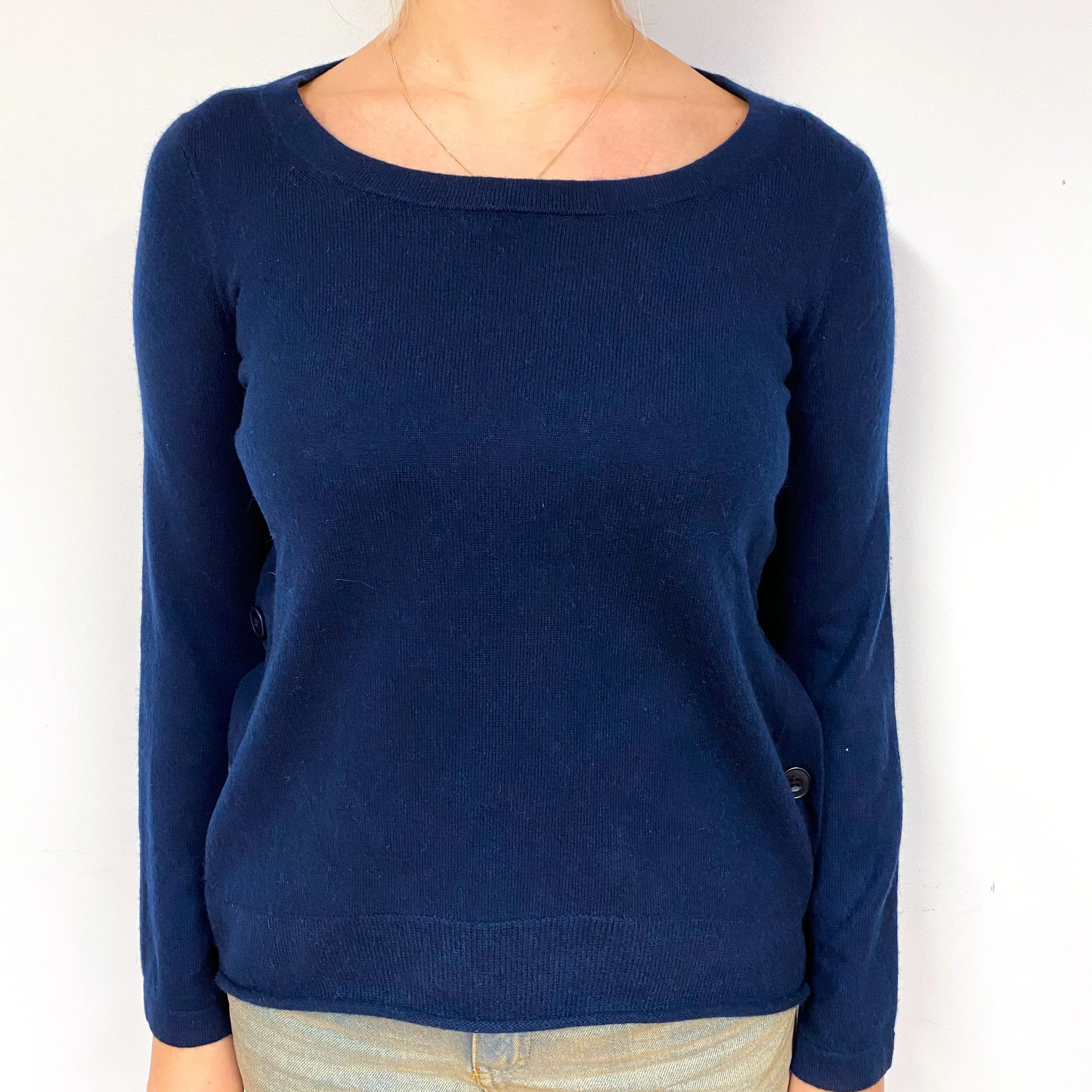 Navy Blue Side Buttoned Cashmere Crew Neck Jumper Small