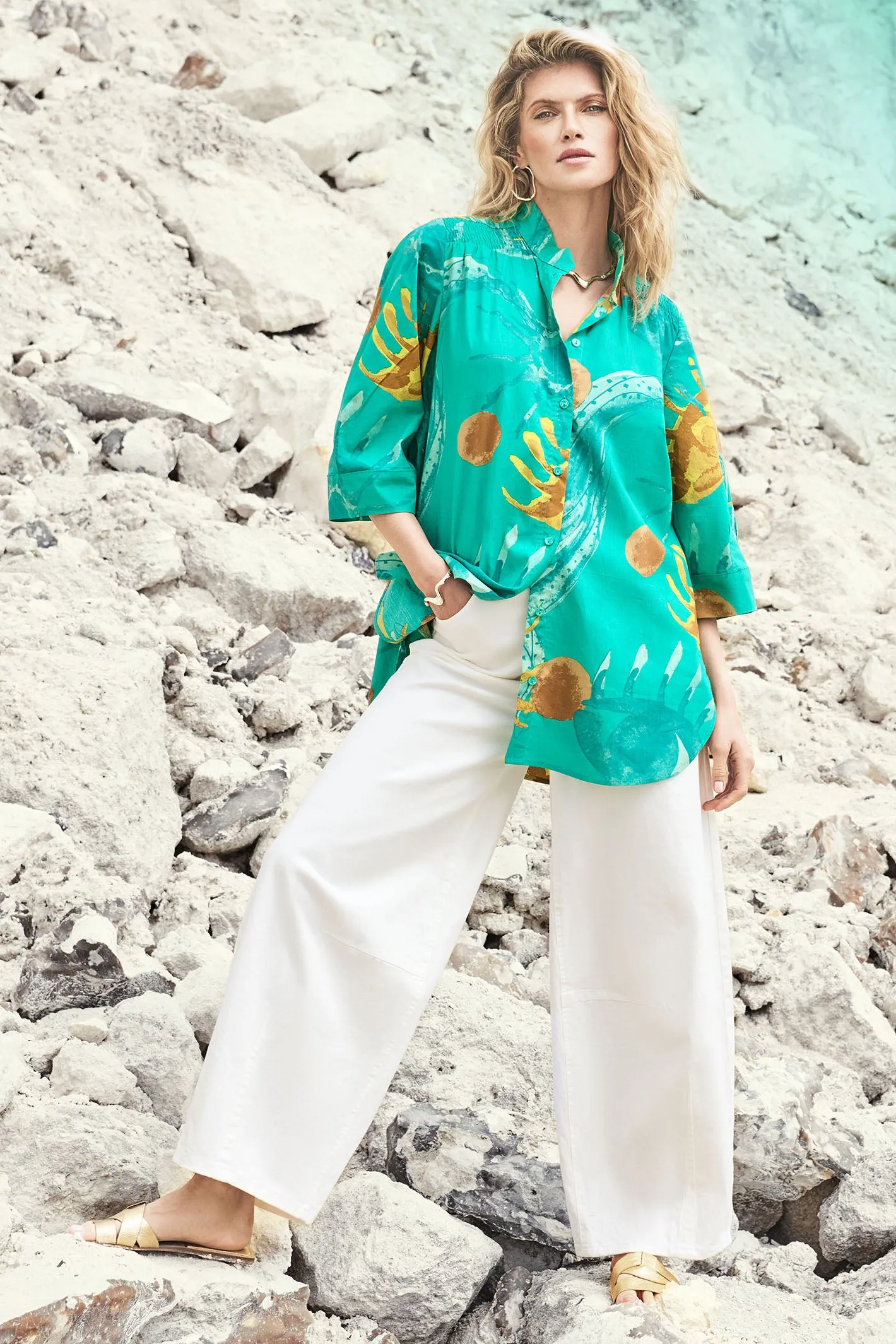 Noen 86217-81219 Green Print Cotton Tunic Shirt