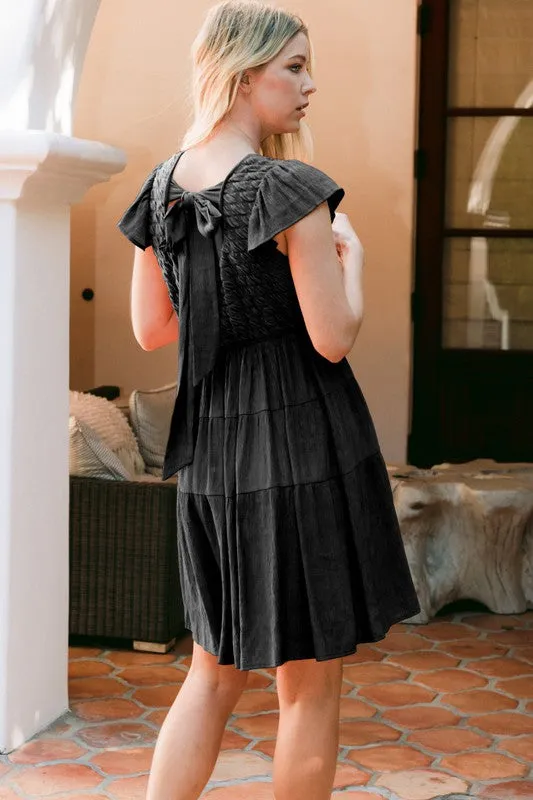 ODDI Textured Knit Back Tie Tired Mini Dress