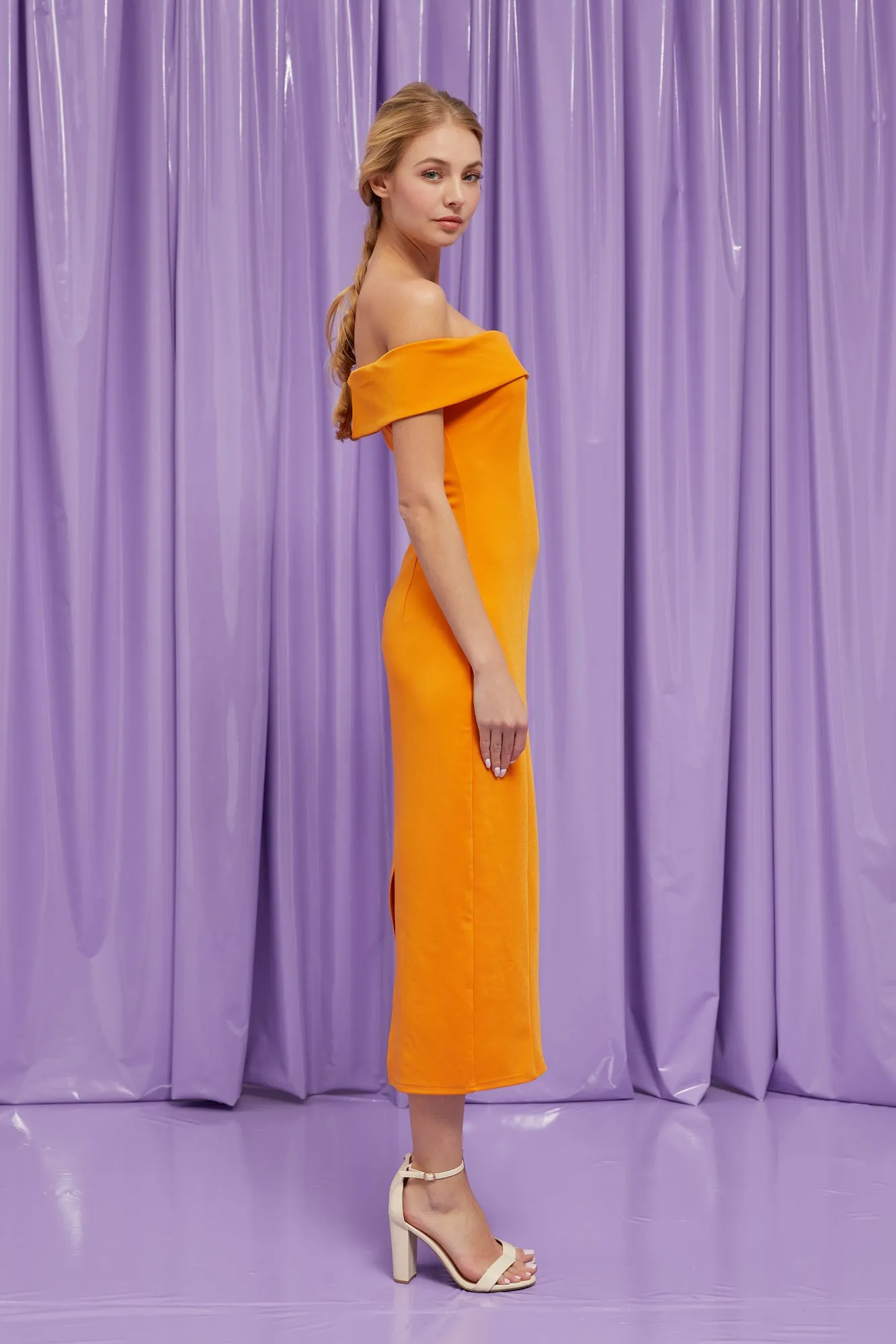 off the shoulder midi dress