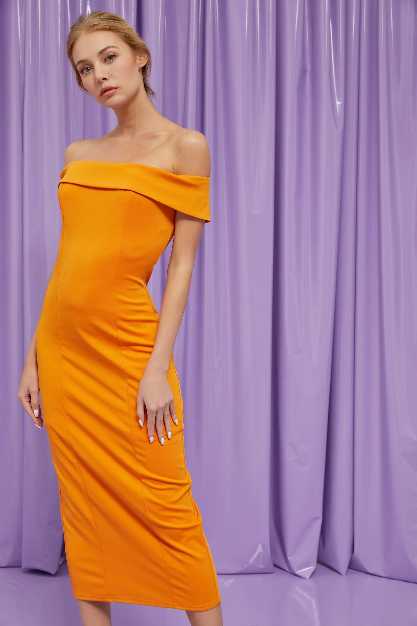 off the shoulder midi dress