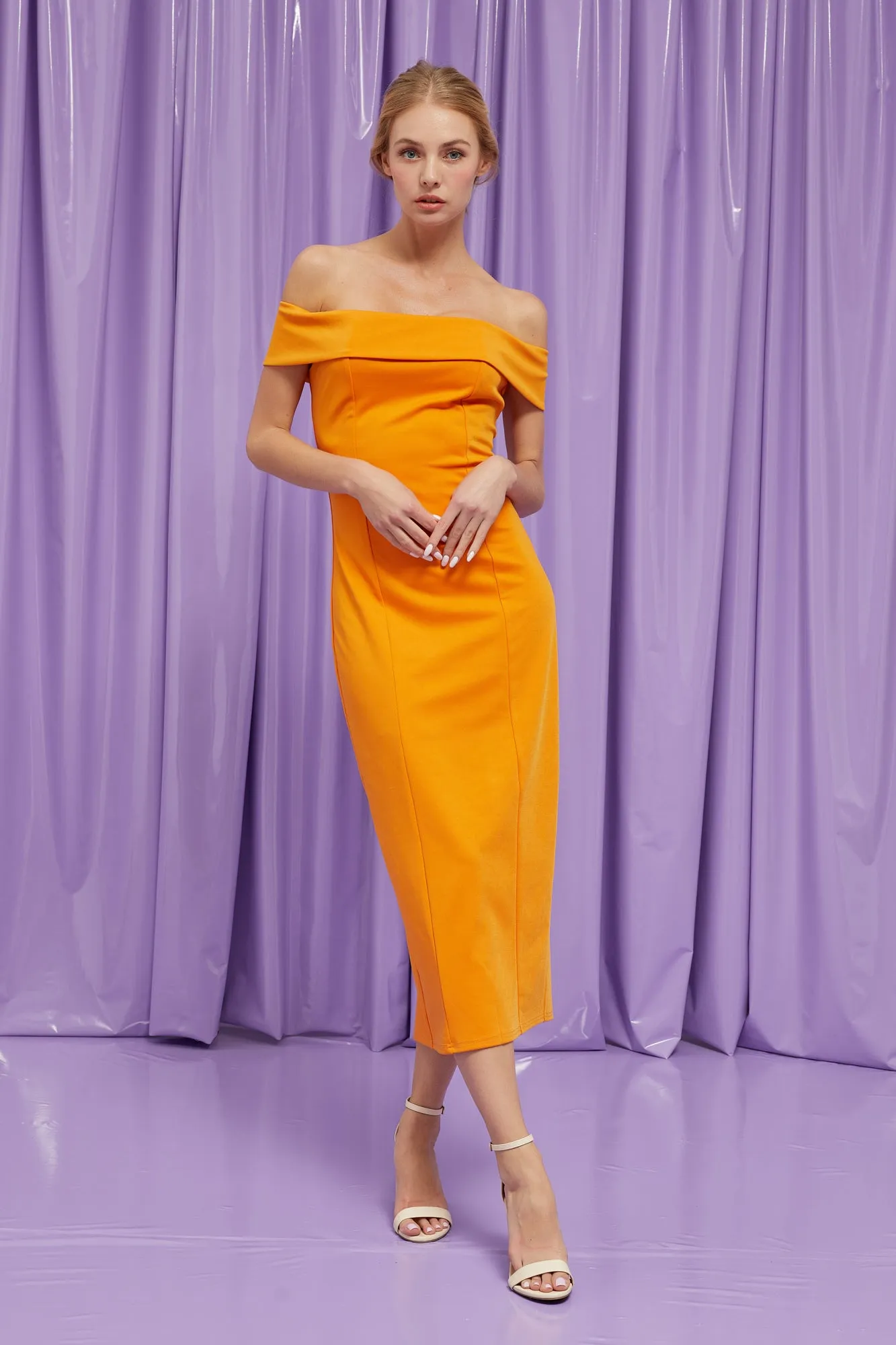 off the shoulder midi dress