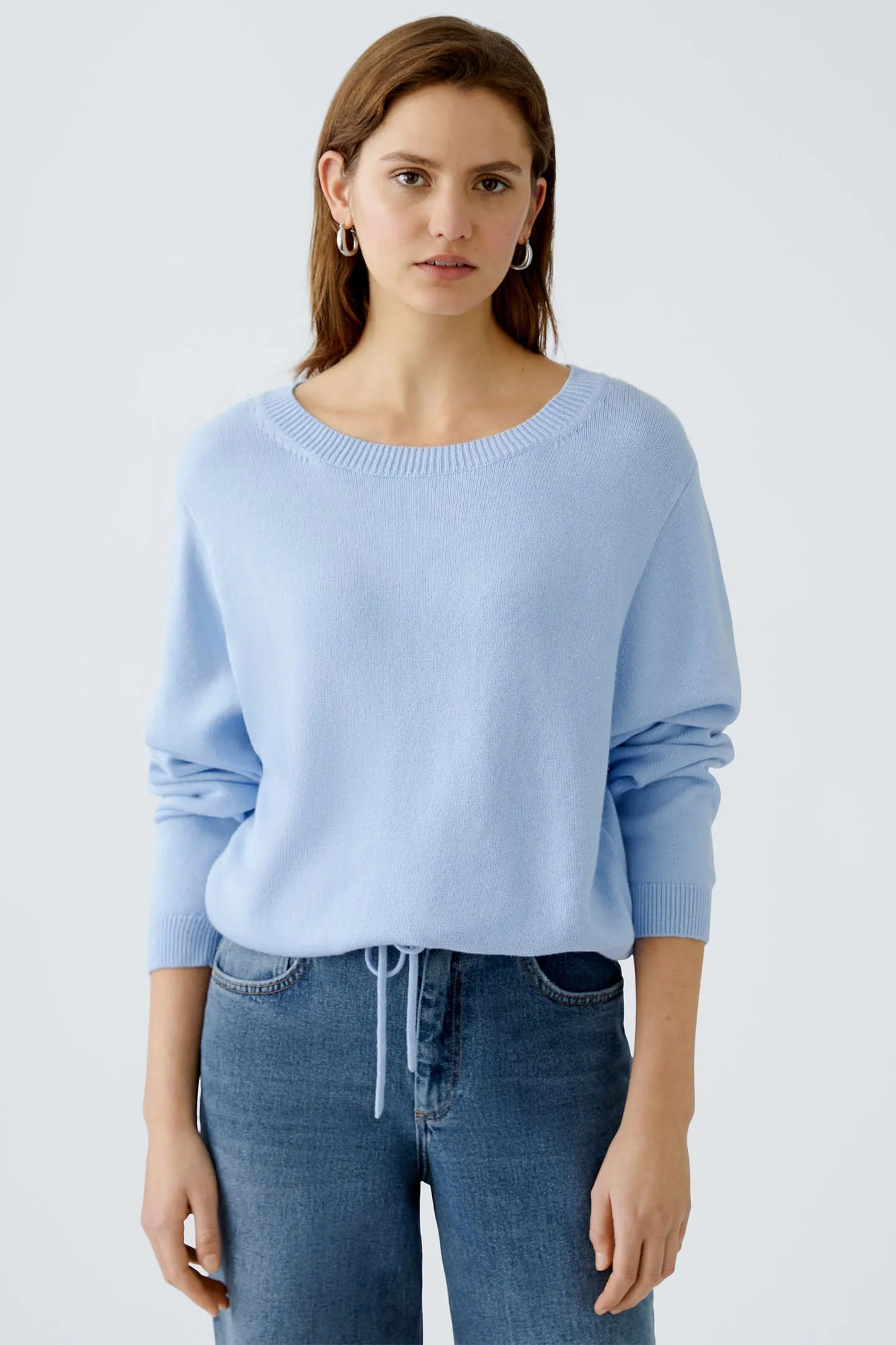 Oui 91878 Powder Blue Wide Neck Drawstring Waist Jumper