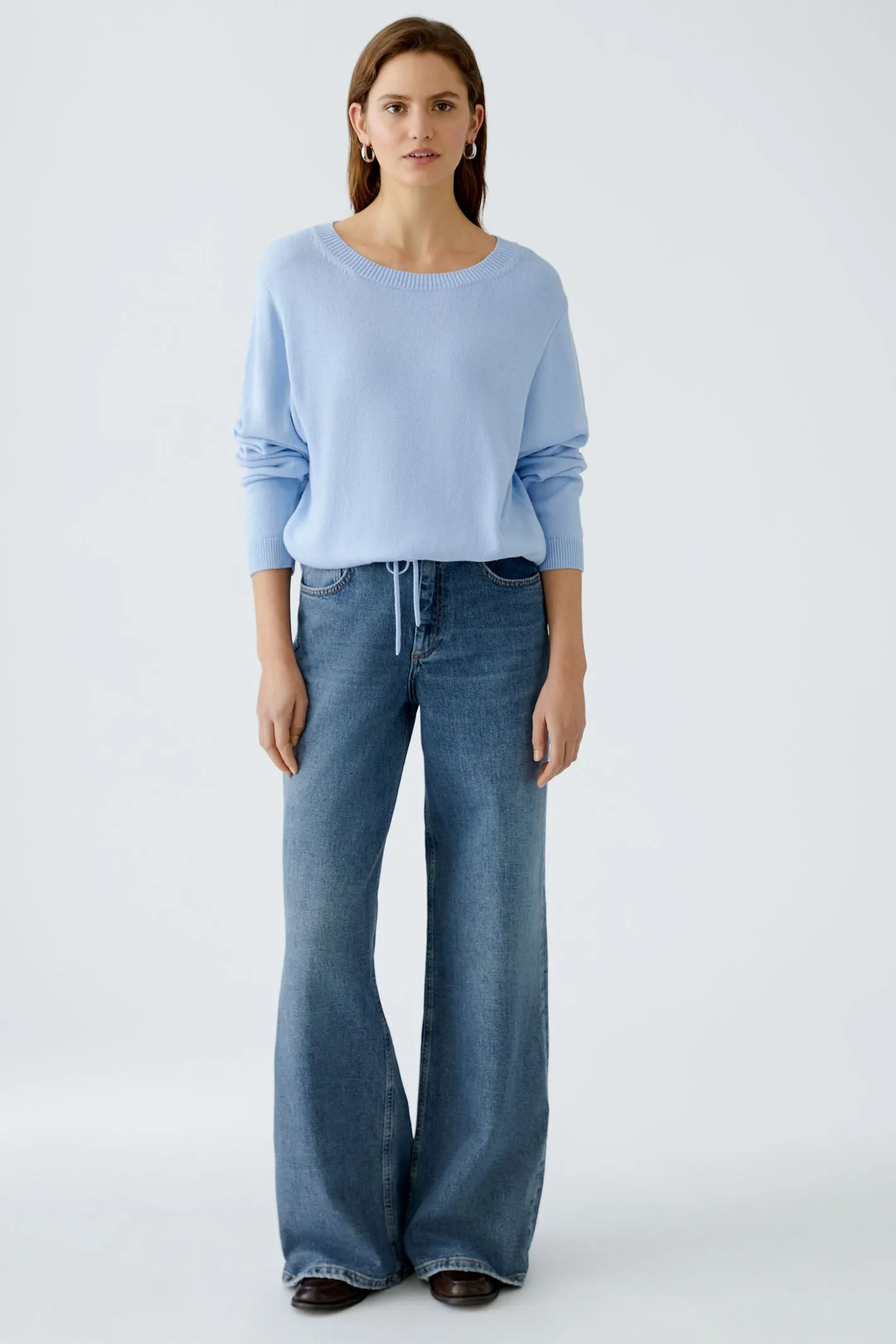 Oui 91878 Powder Blue Wide Neck Drawstring Waist Jumper