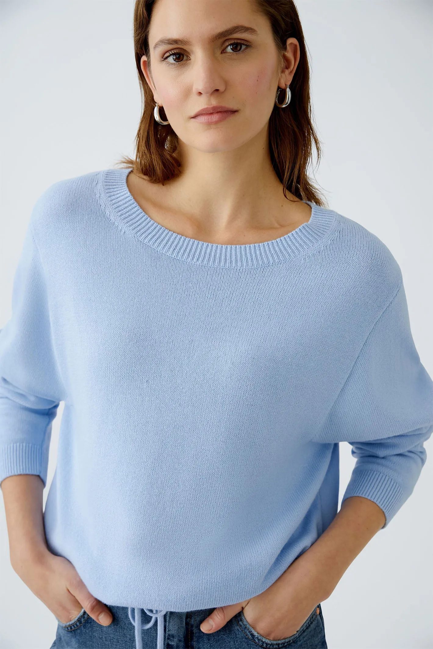 Oui 91878 Powder Blue Wide Neck Drawstring Waist Jumper