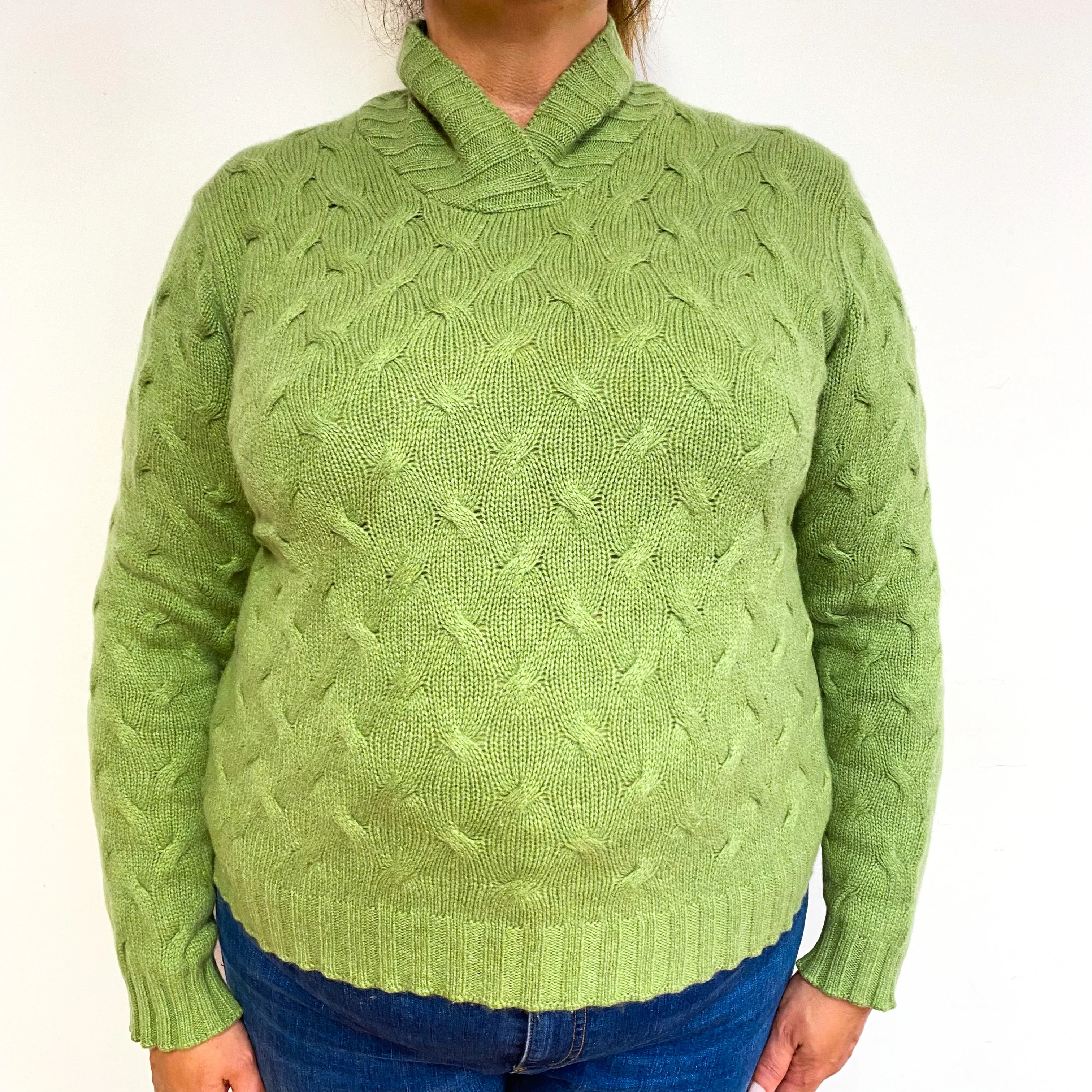 Pear Green Chunky Cable Cashmere Collared Jumper Extra Large