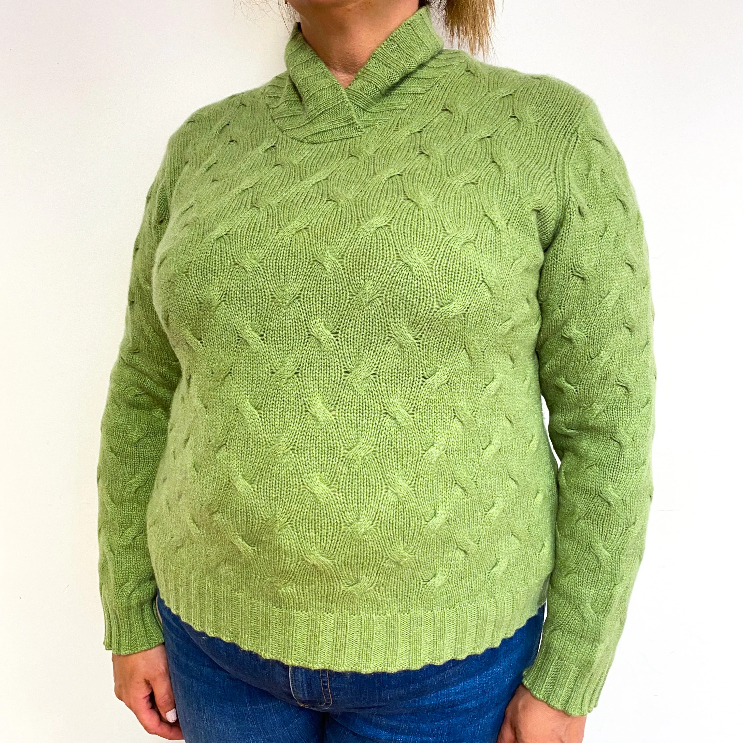 Pear Green Chunky Cable Cashmere Collared Jumper Extra Large