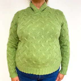 Pear Green Chunky Cable Cashmere Collared Jumper Extra Large