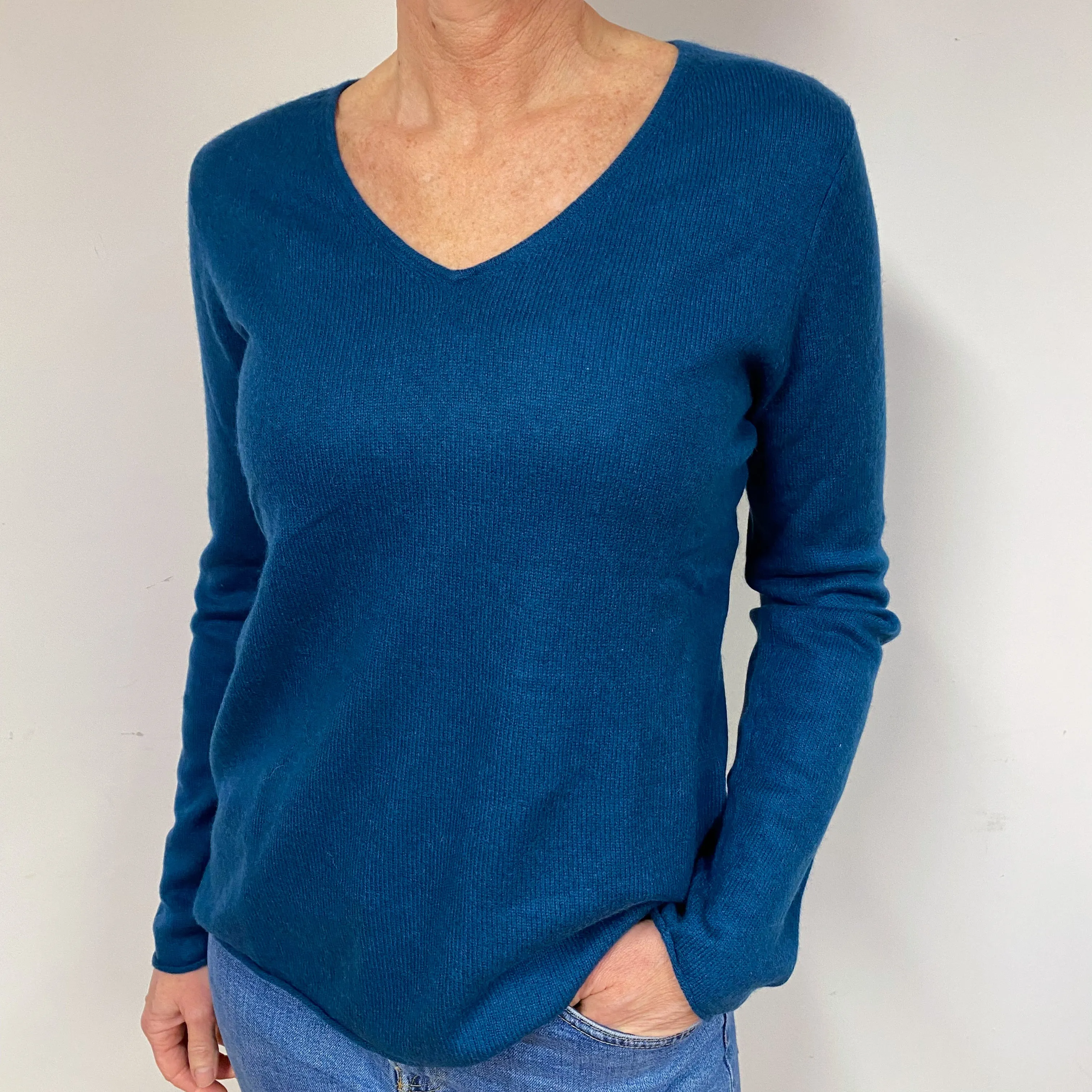 Petrol Blue Cashmere V-Neck Jumper Medium