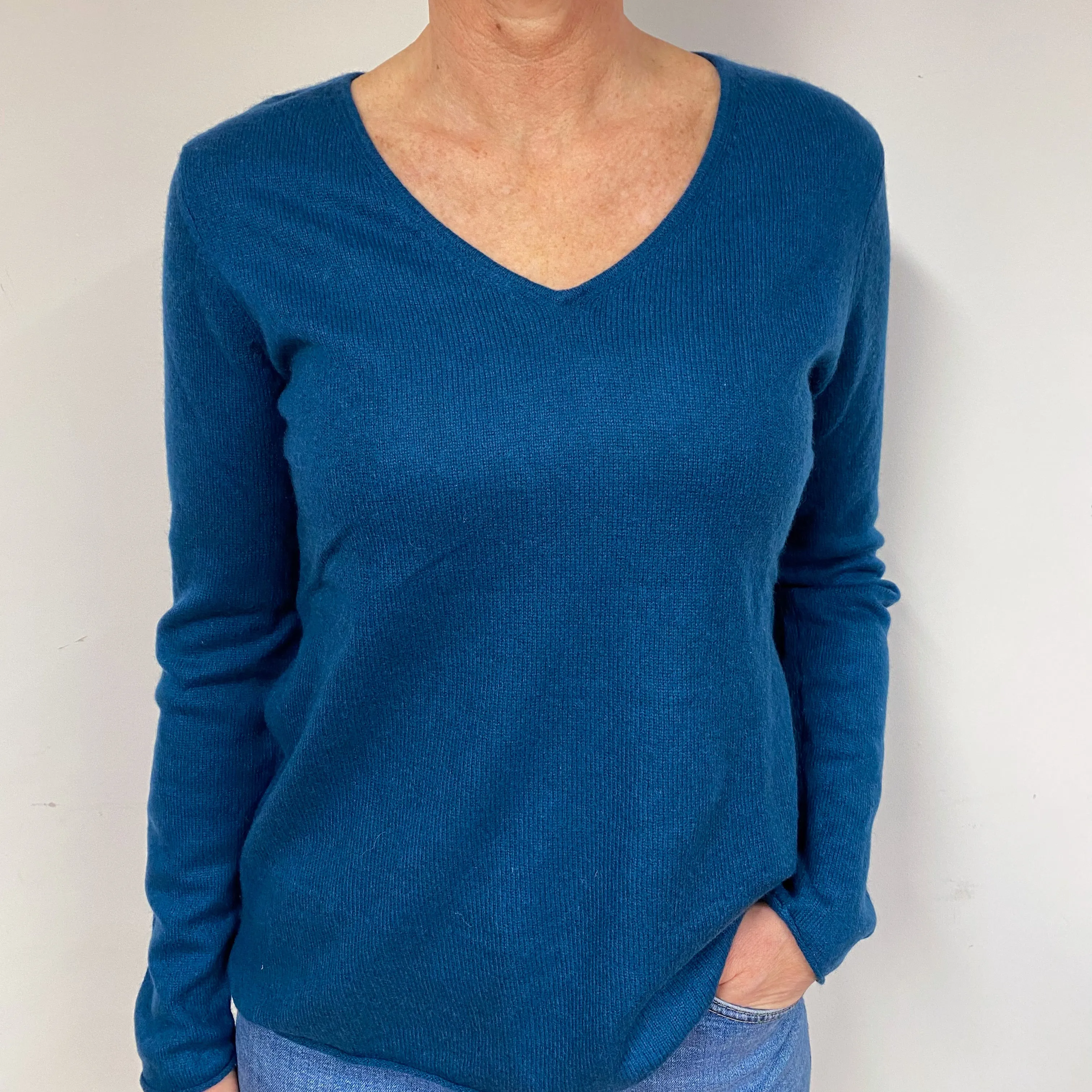 Petrol Blue Cashmere V-Neck Jumper Medium