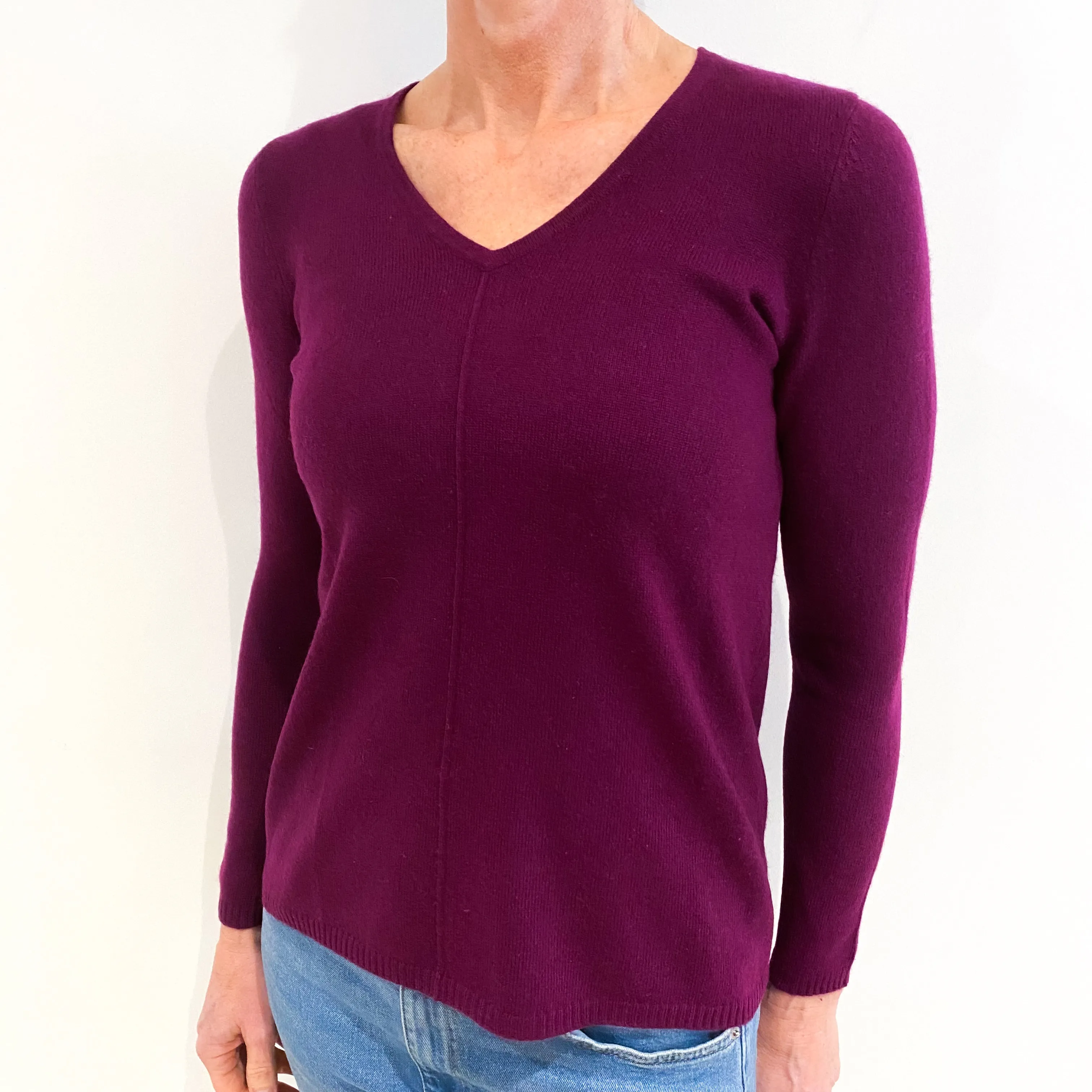 Plum Purple Cashmere V Neck Jumper Small