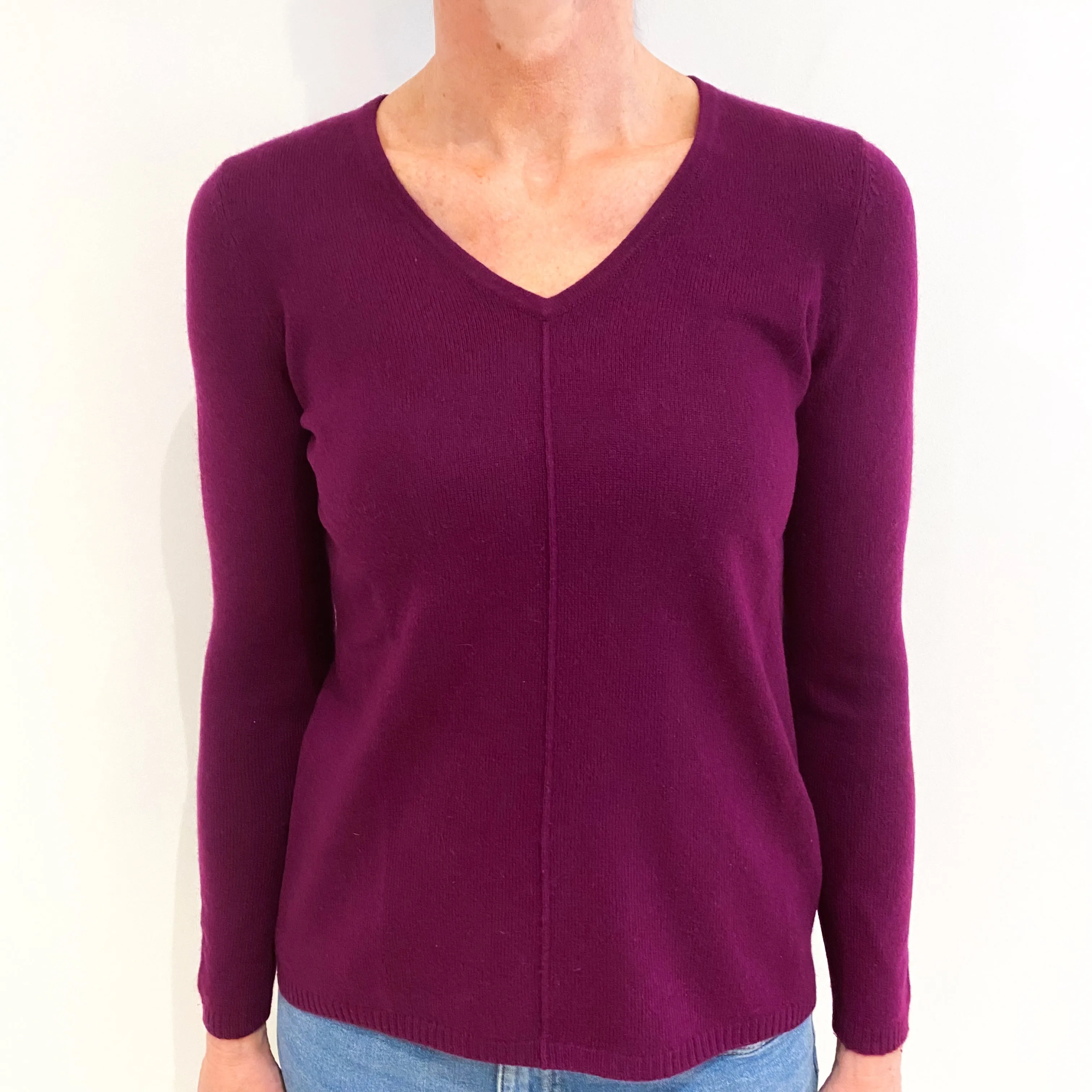 Plum Purple Cashmere V Neck Jumper Small