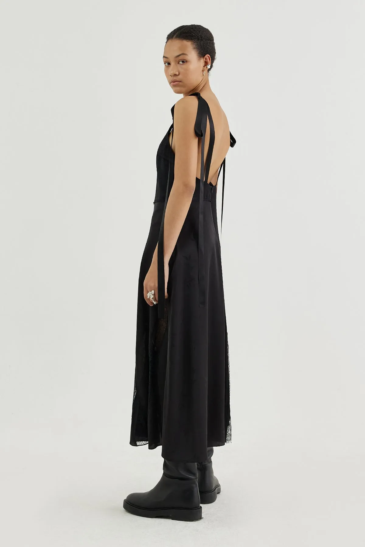 Plunge-back lace-insert slip dress