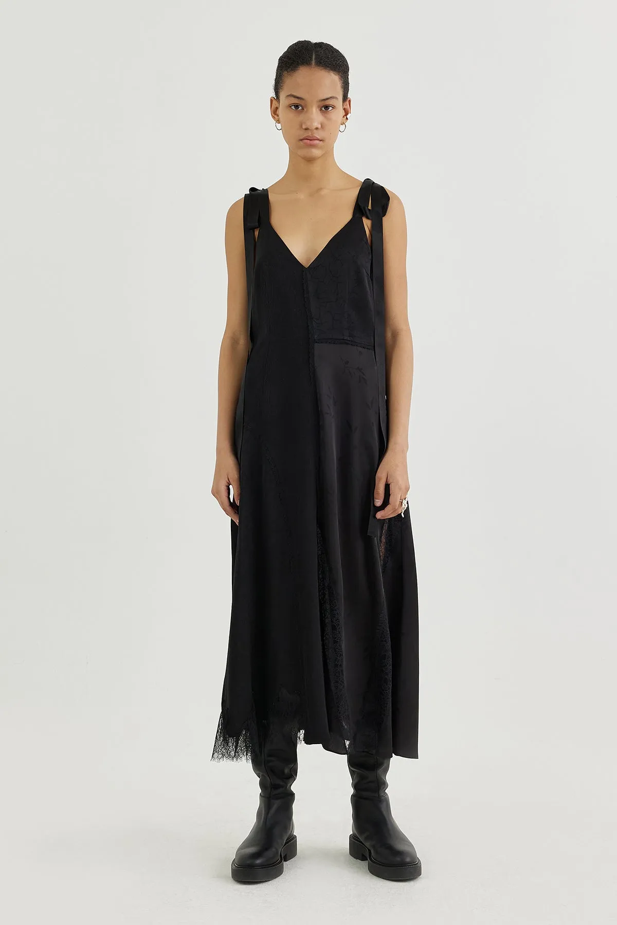 Plunge-back lace-insert slip dress