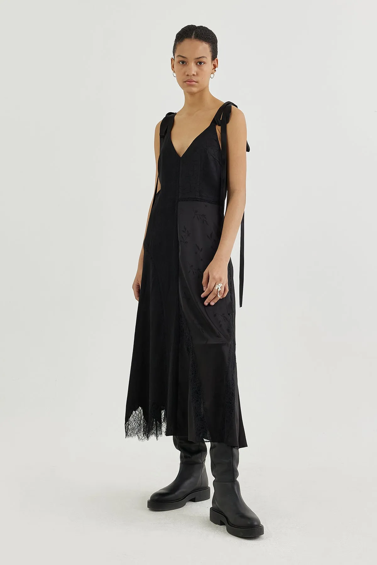 Plunge-back lace-insert slip dress