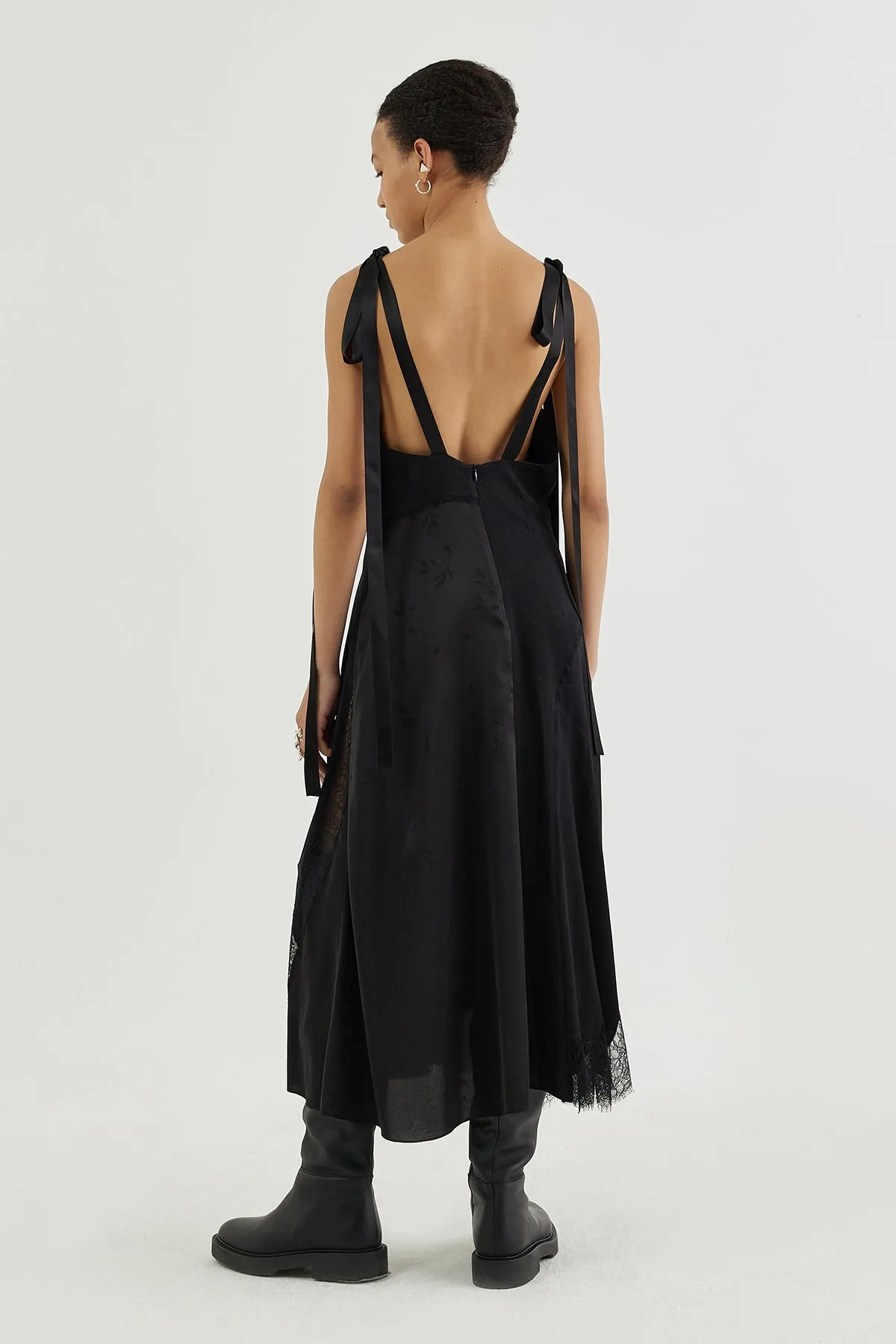 Plunge-back lace-insert slip dress