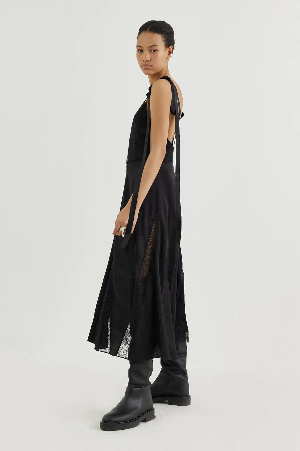 Plunge-back lace-insert slip dress