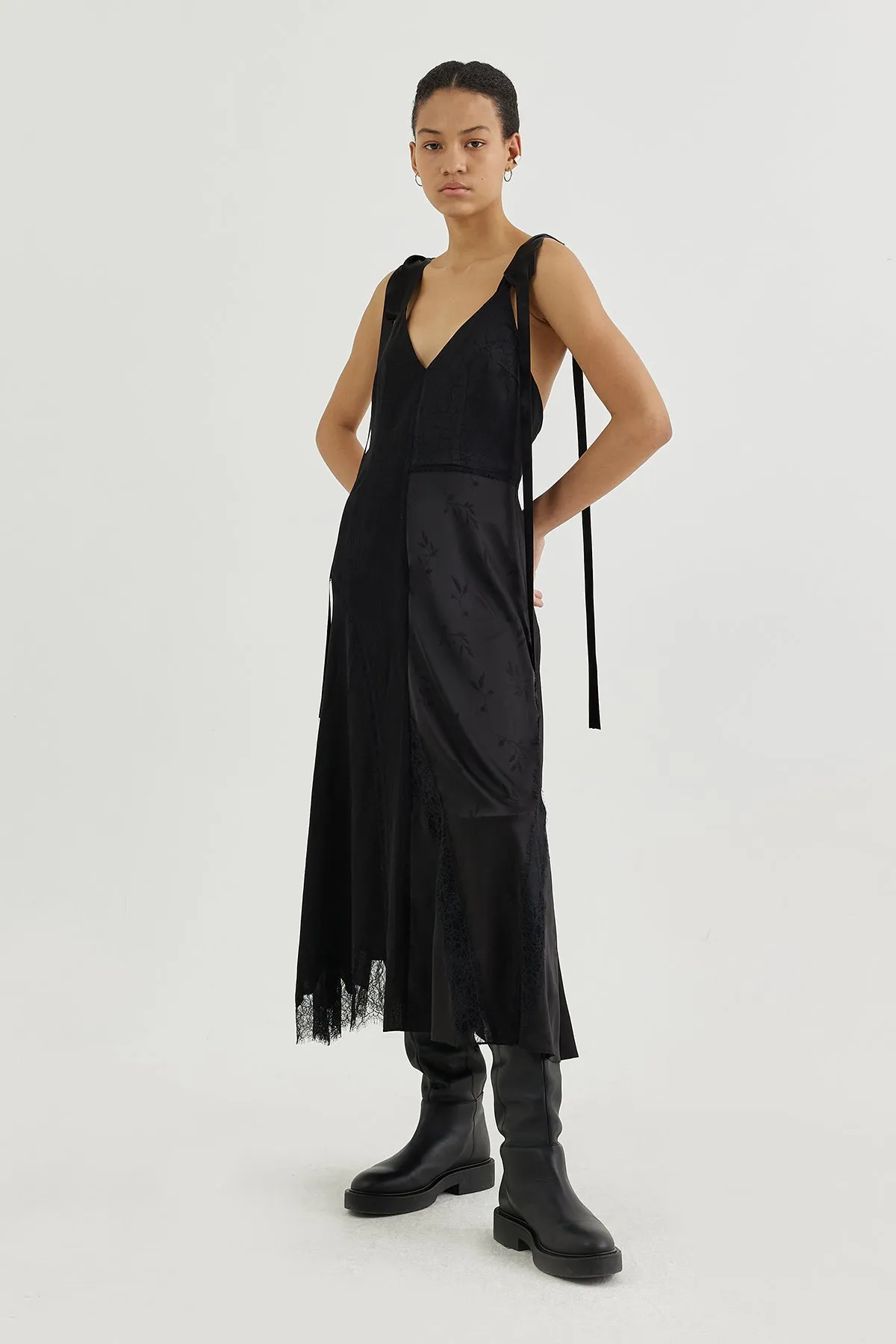 Plunge-back lace-insert slip dress