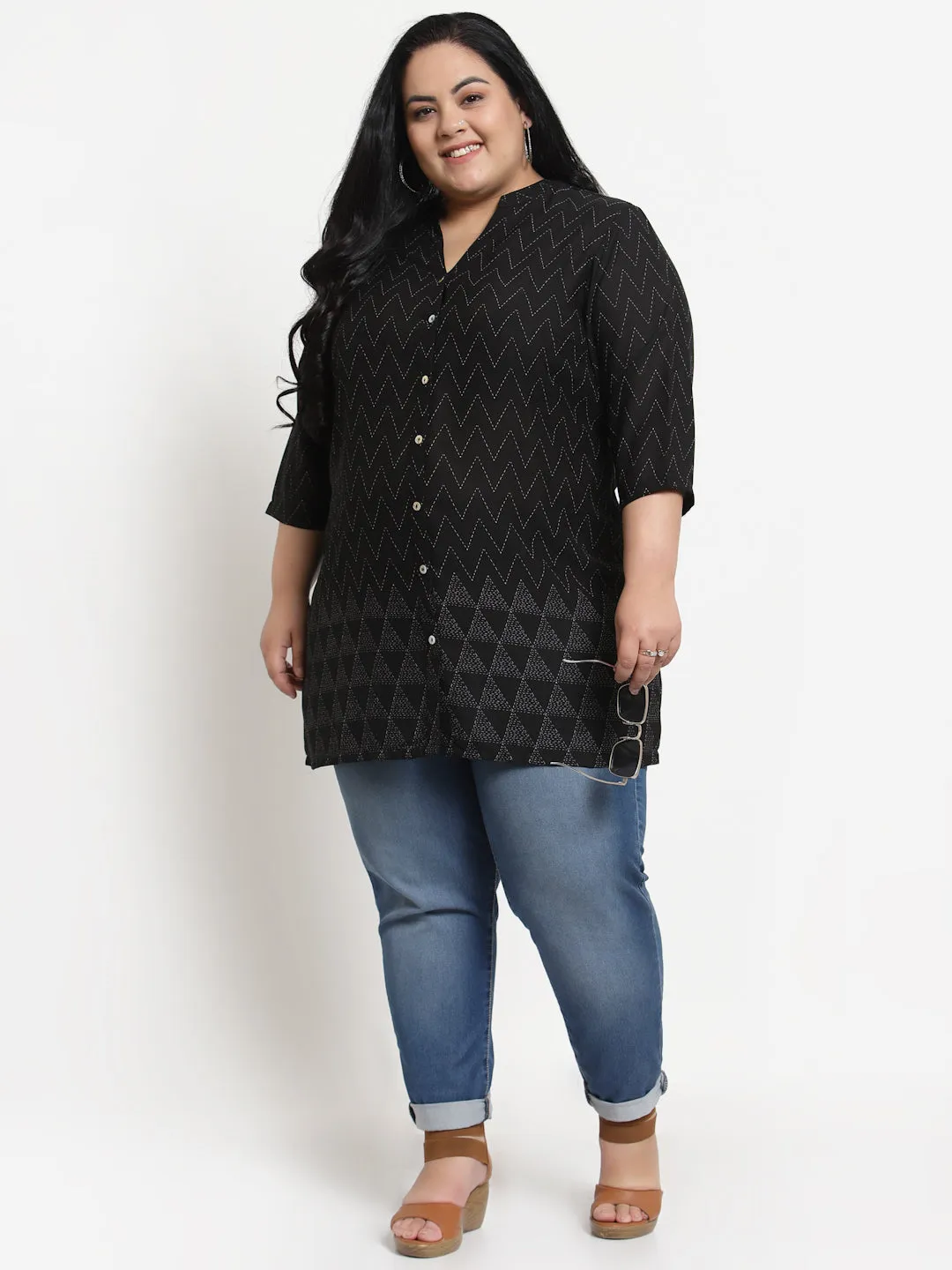 plusS Black  White Mandarin Collar Striped Tunic