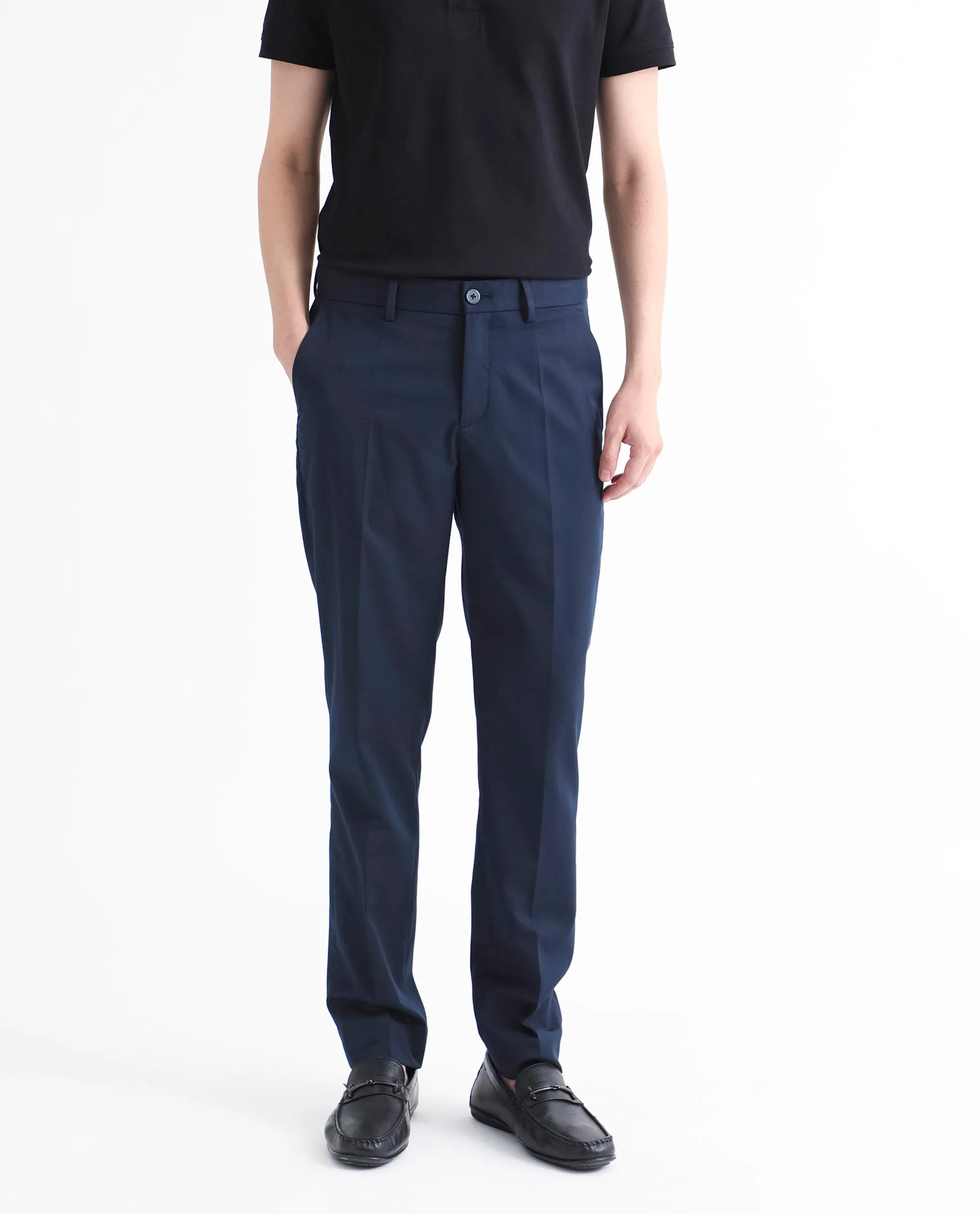 Rare Rabbit Men's Chamer Navy Solid Mid-Rise Regular Fit Cavalry Style Trouser