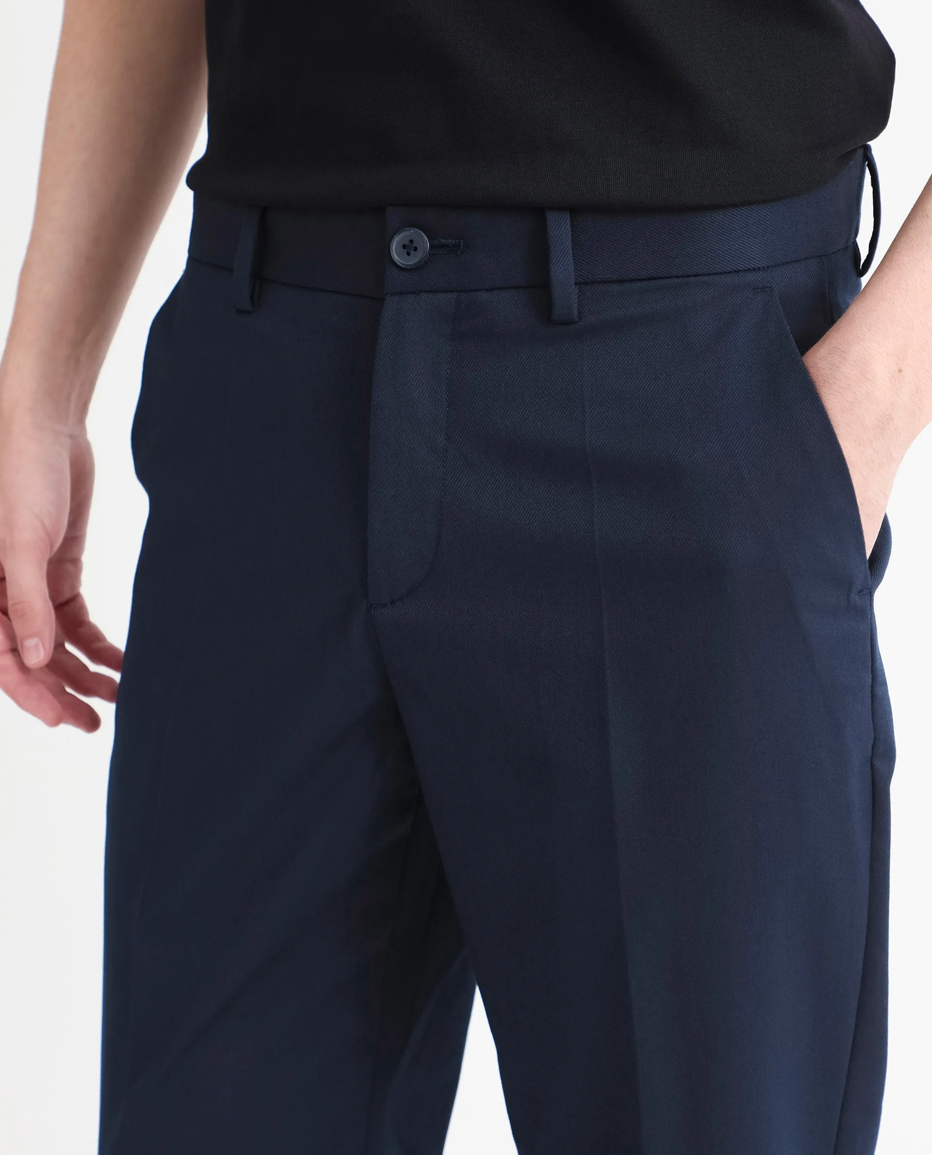 Rare Rabbit Men's Chamer Navy Solid Mid-Rise Regular Fit Cavalry Style Trouser