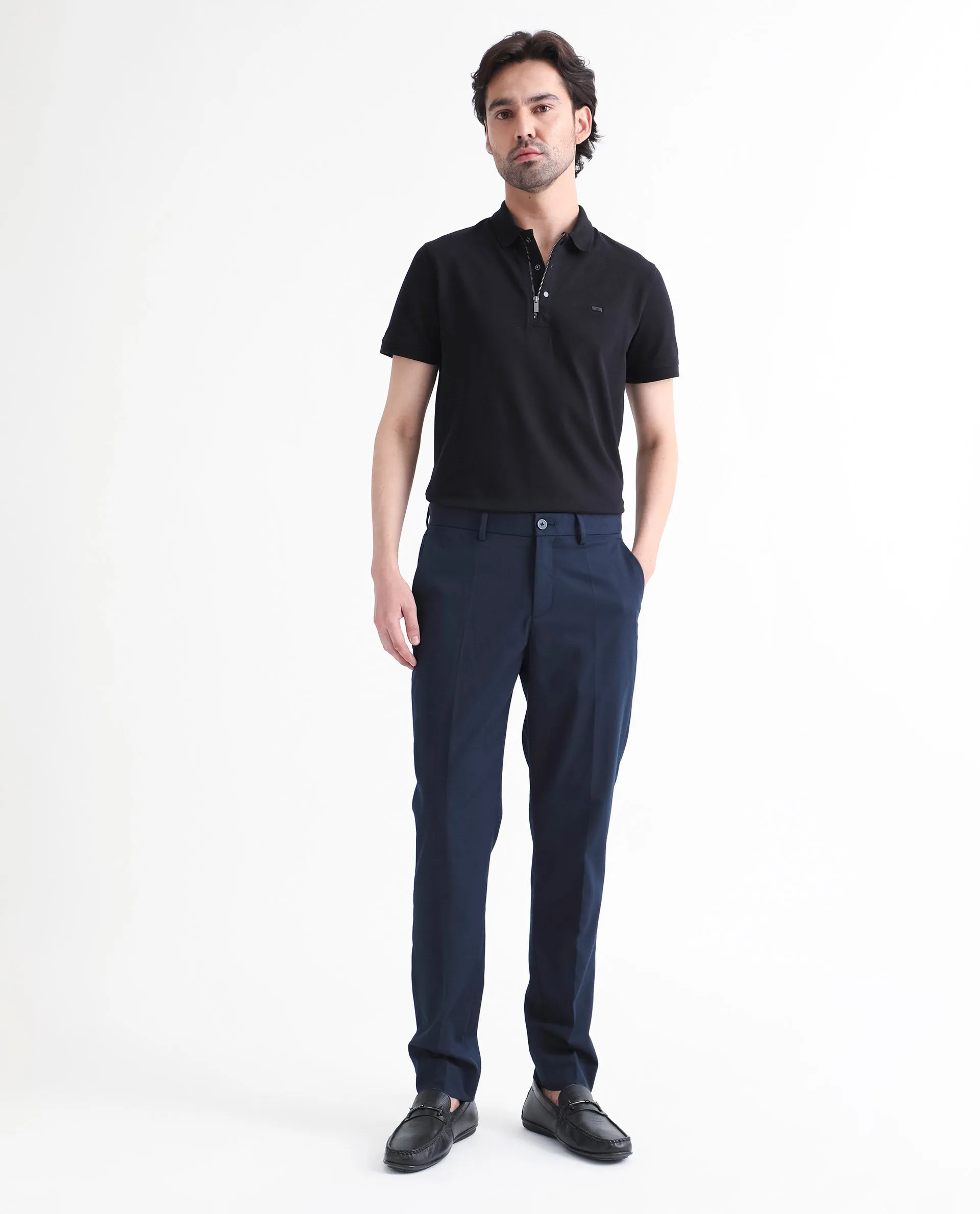 Rare Rabbit Men's Chamer Navy Solid Mid-Rise Regular Fit Cavalry Style Trouser