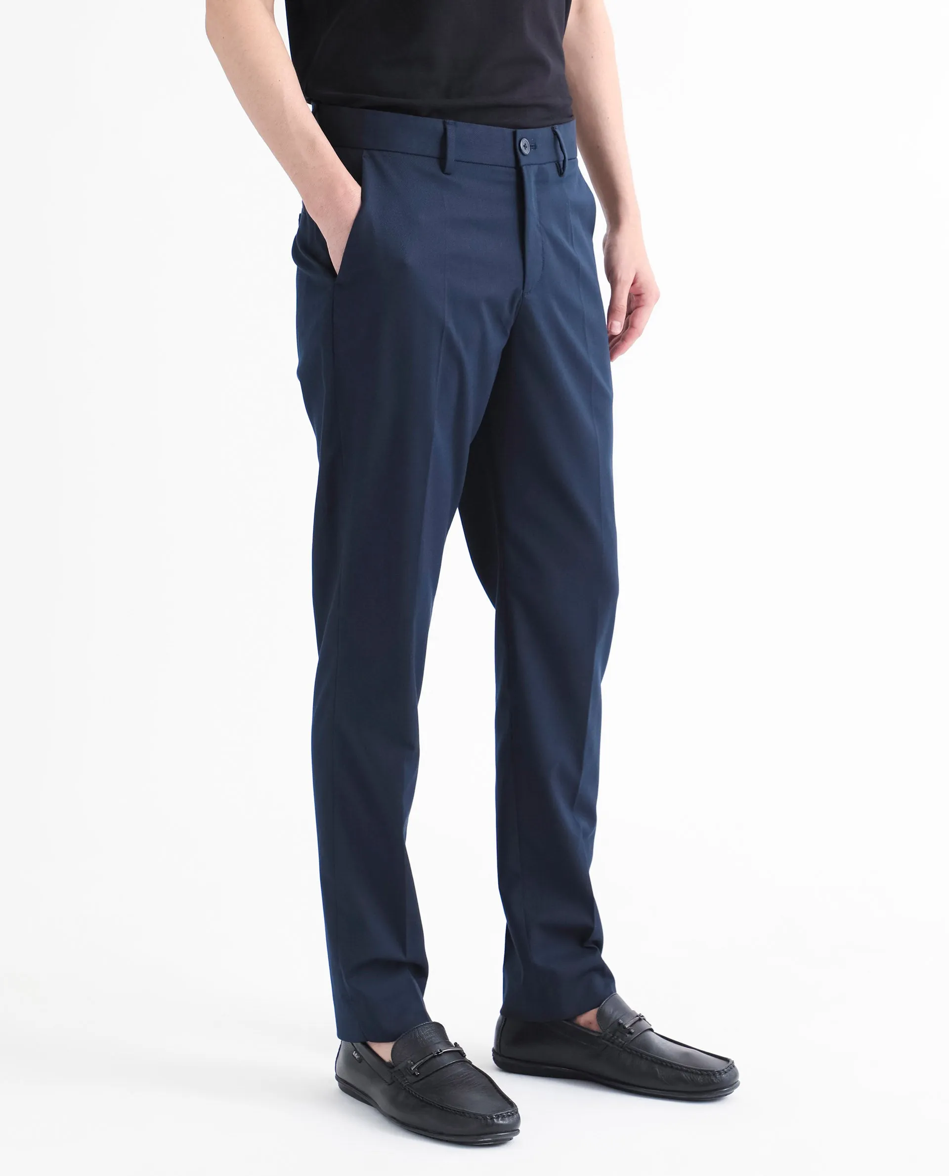 Rare Rabbit Men's Chamer Navy Solid Mid-Rise Regular Fit Cavalry Style Trouser