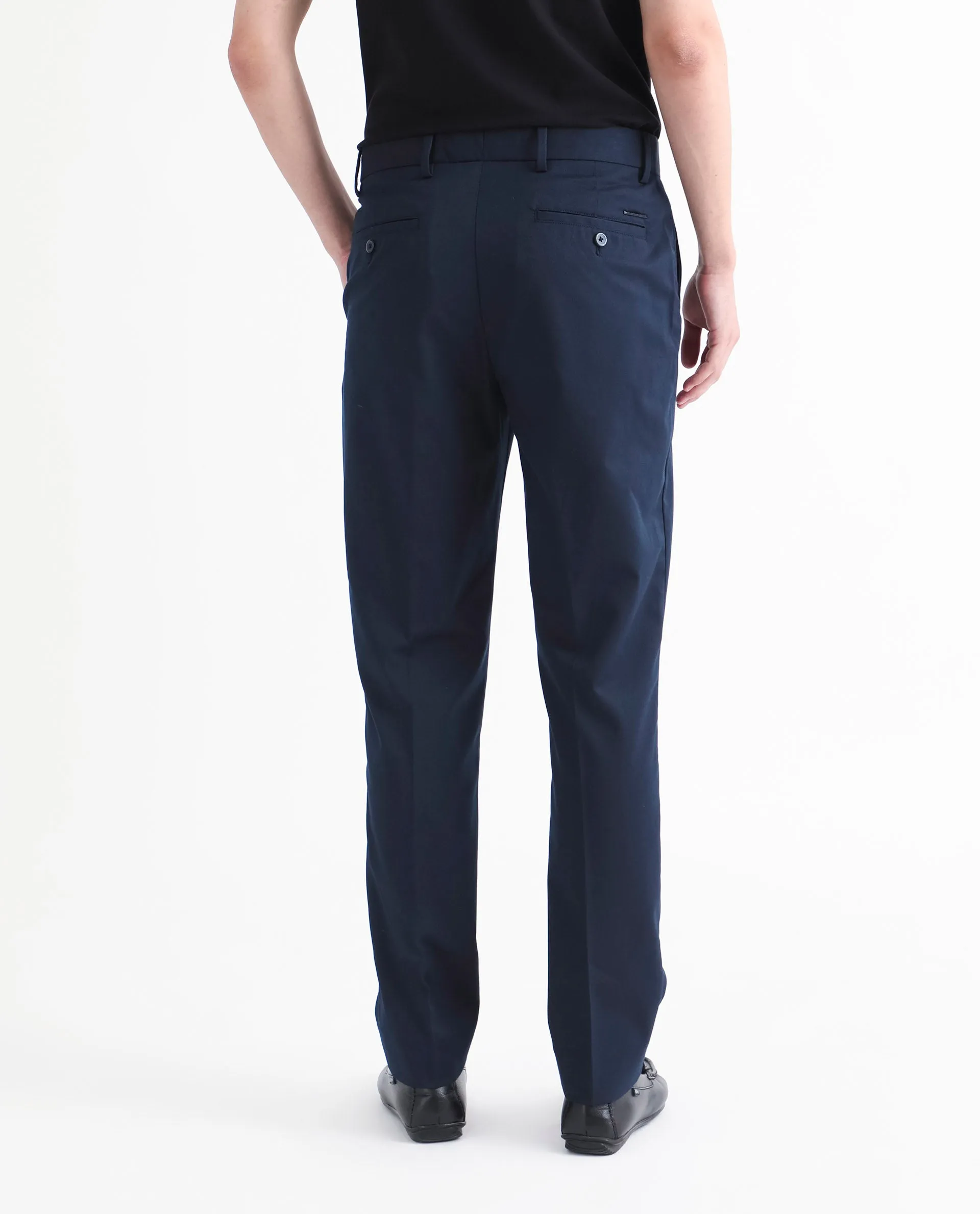Rare Rabbit Men's Chamer Navy Solid Mid-Rise Regular Fit Cavalry Style Trouser