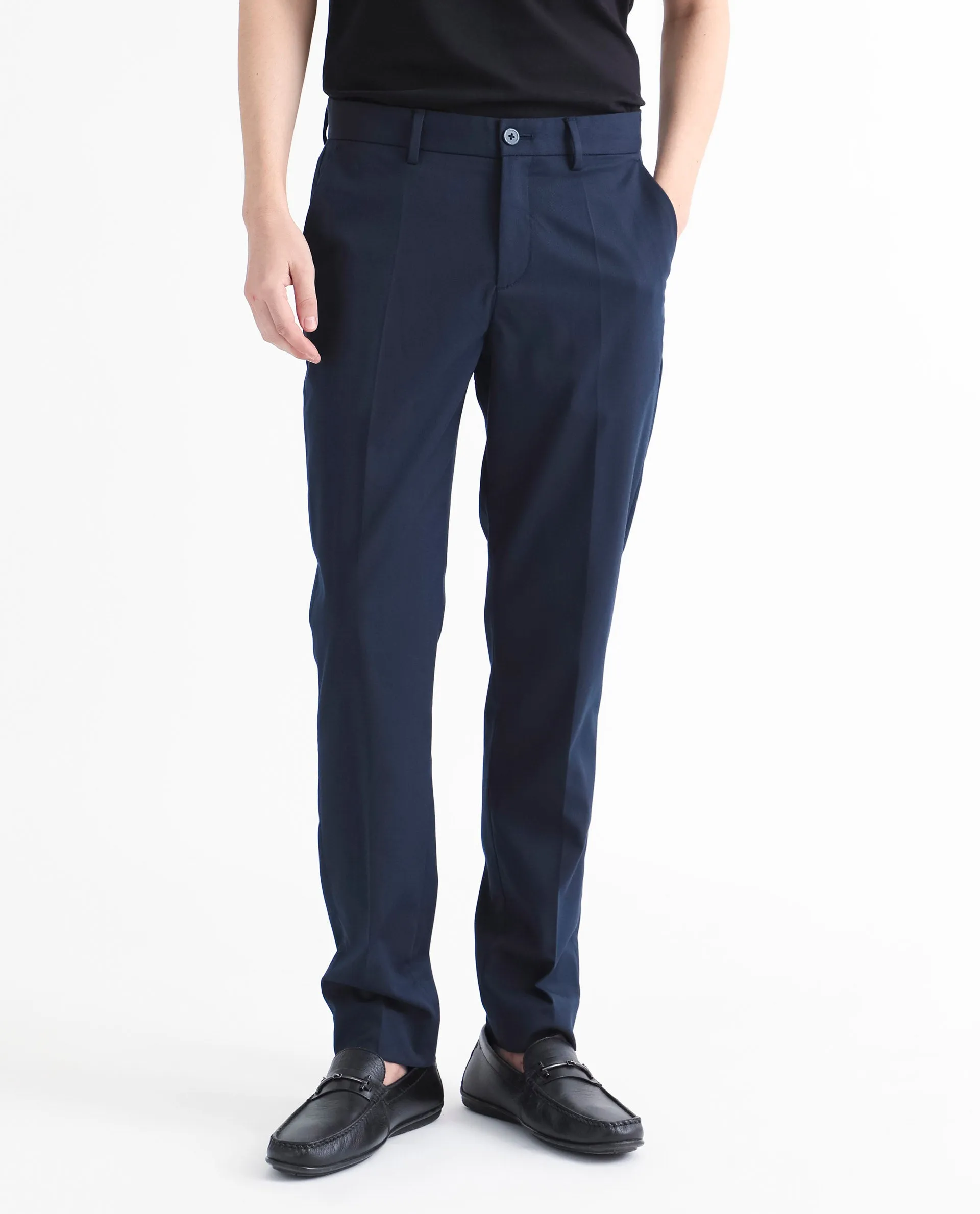 Rare Rabbit Men's Chamer Navy Solid Mid-Rise Regular Fit Cavalry Style Trouser