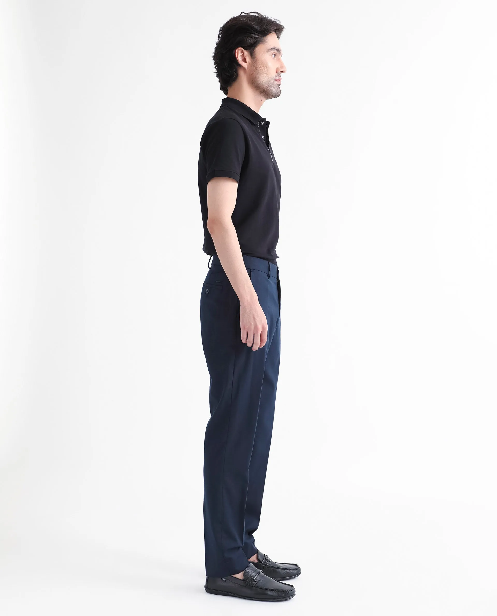 Rare Rabbit Men's Chamer Navy Solid Mid-Rise Regular Fit Cavalry Style Trouser