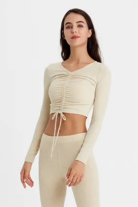 Ribbed Long Sleeve Ruched-Front Crop Top