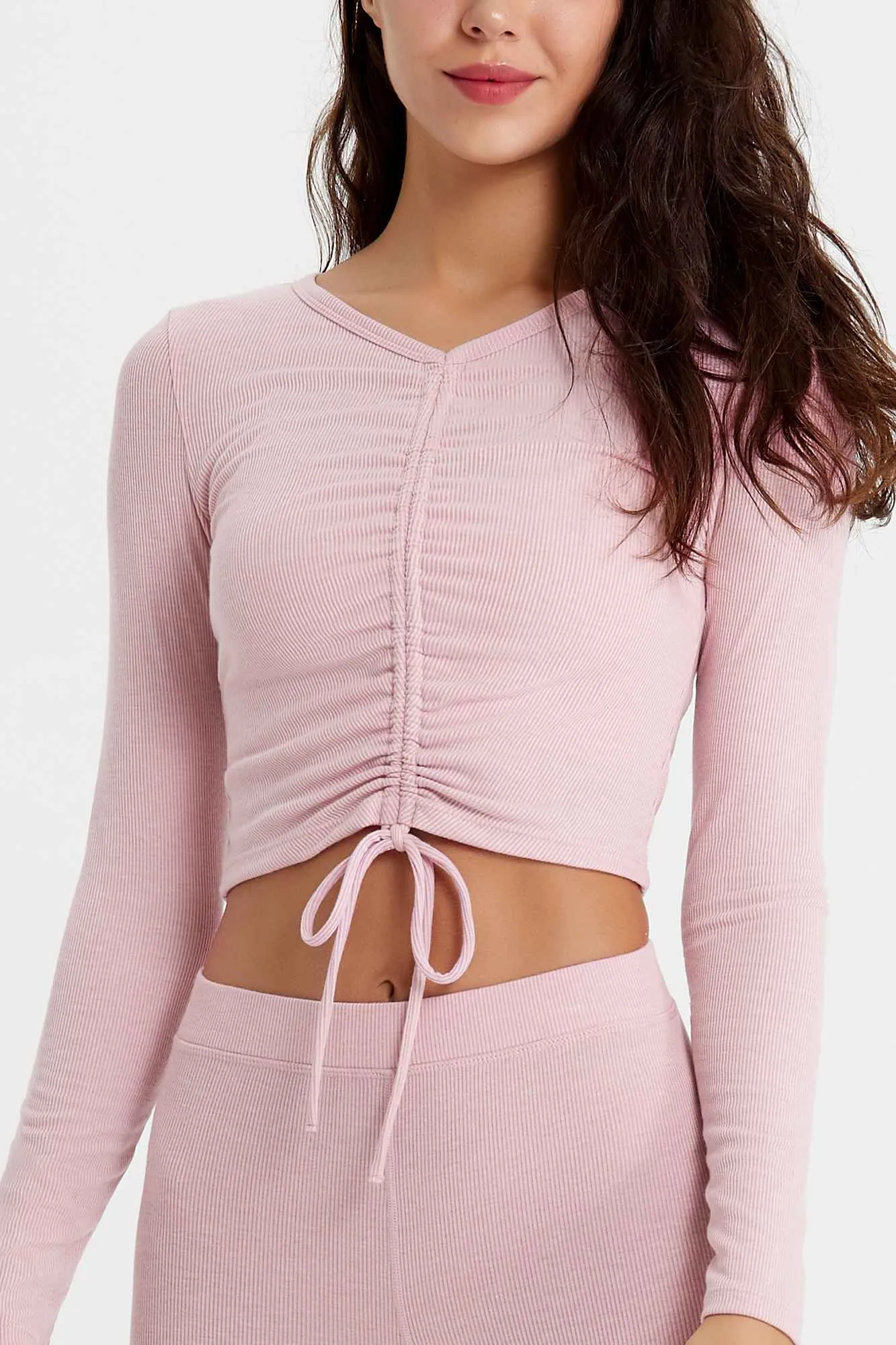 Ribbed Long Sleeve Ruched-Front Crop Top