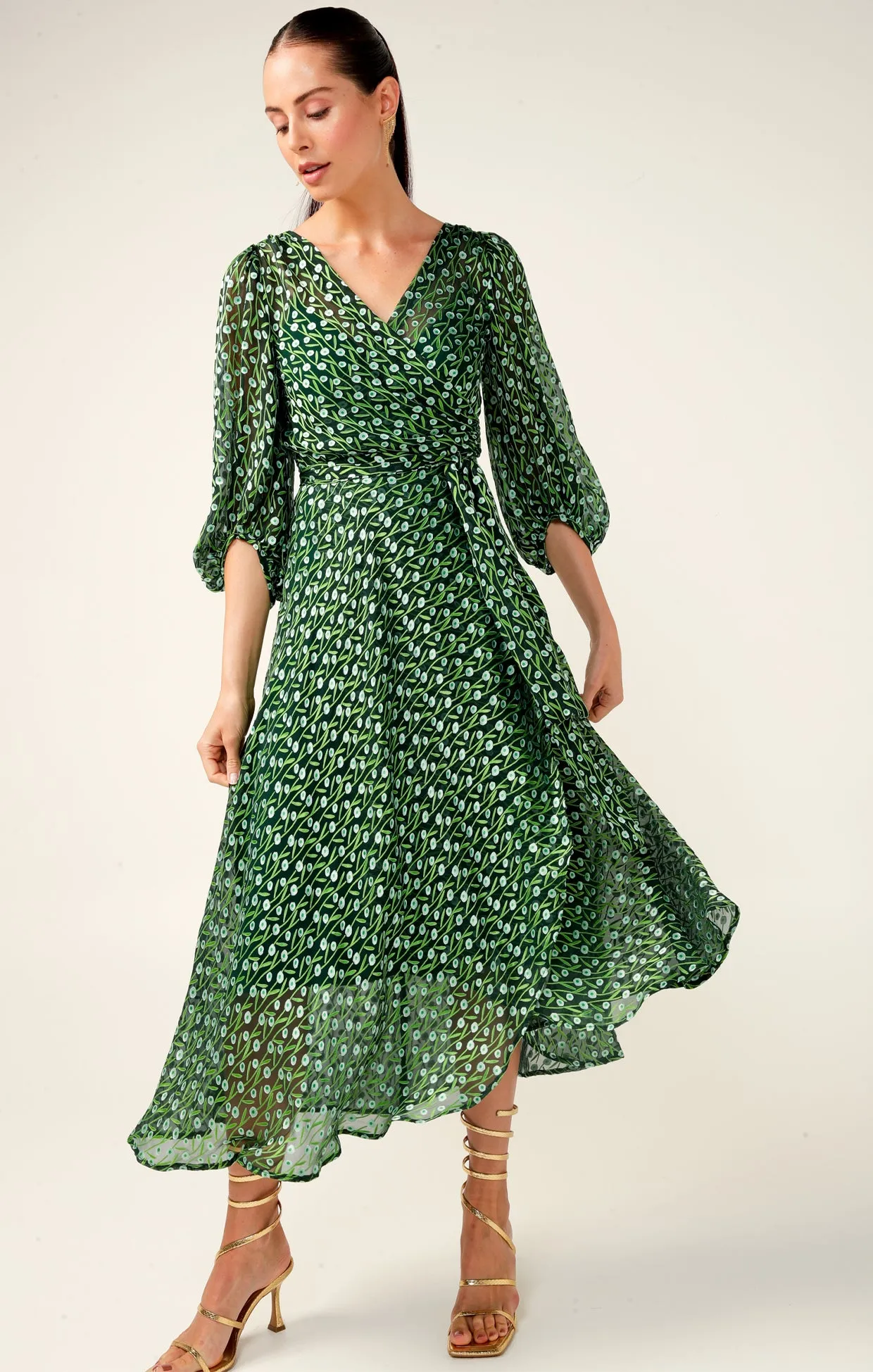 Sacha Drake Wonderland Wrap Midi in Emerald Poppy