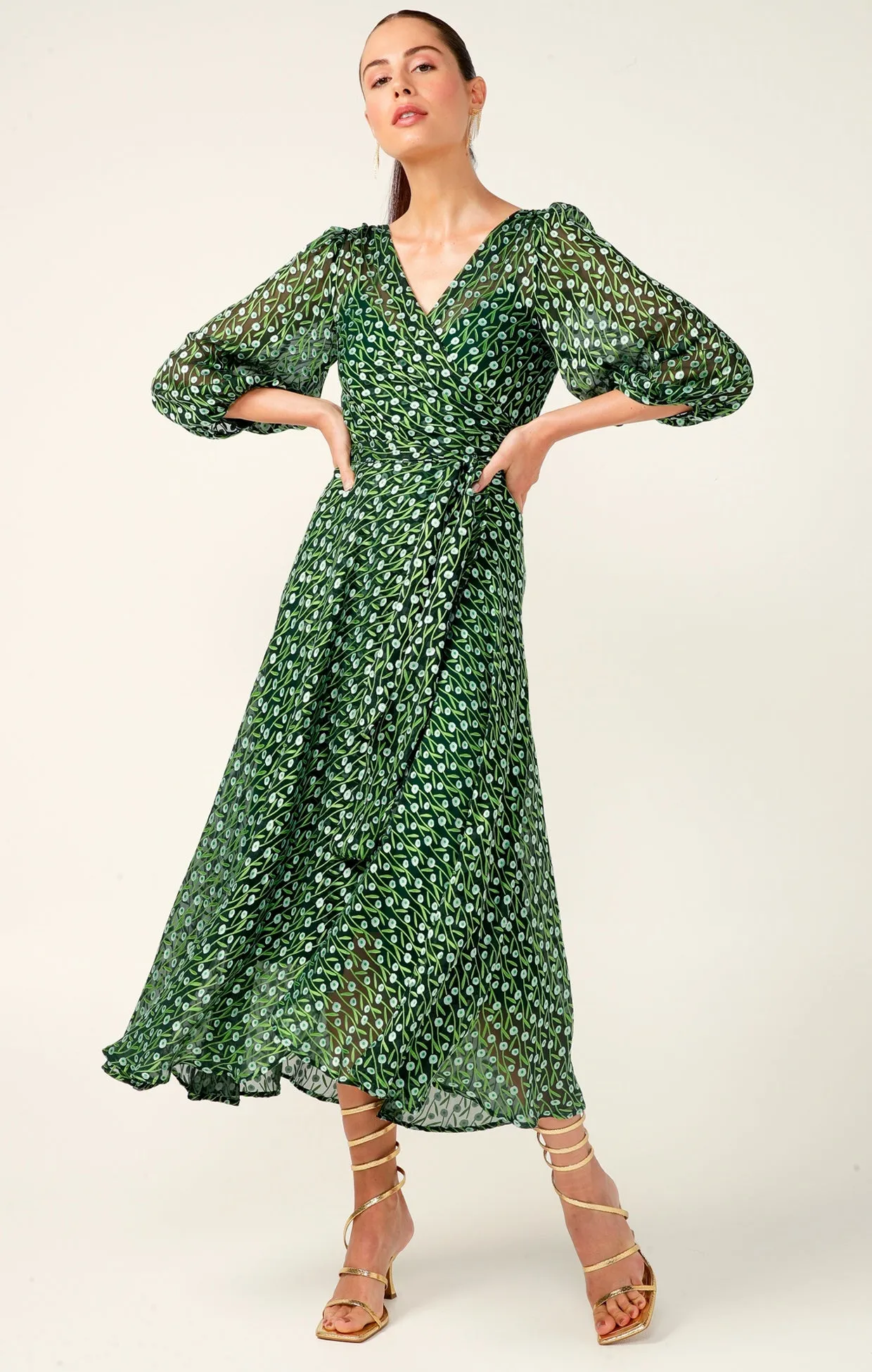Sacha Drake Wonderland Wrap Midi in Emerald Poppy