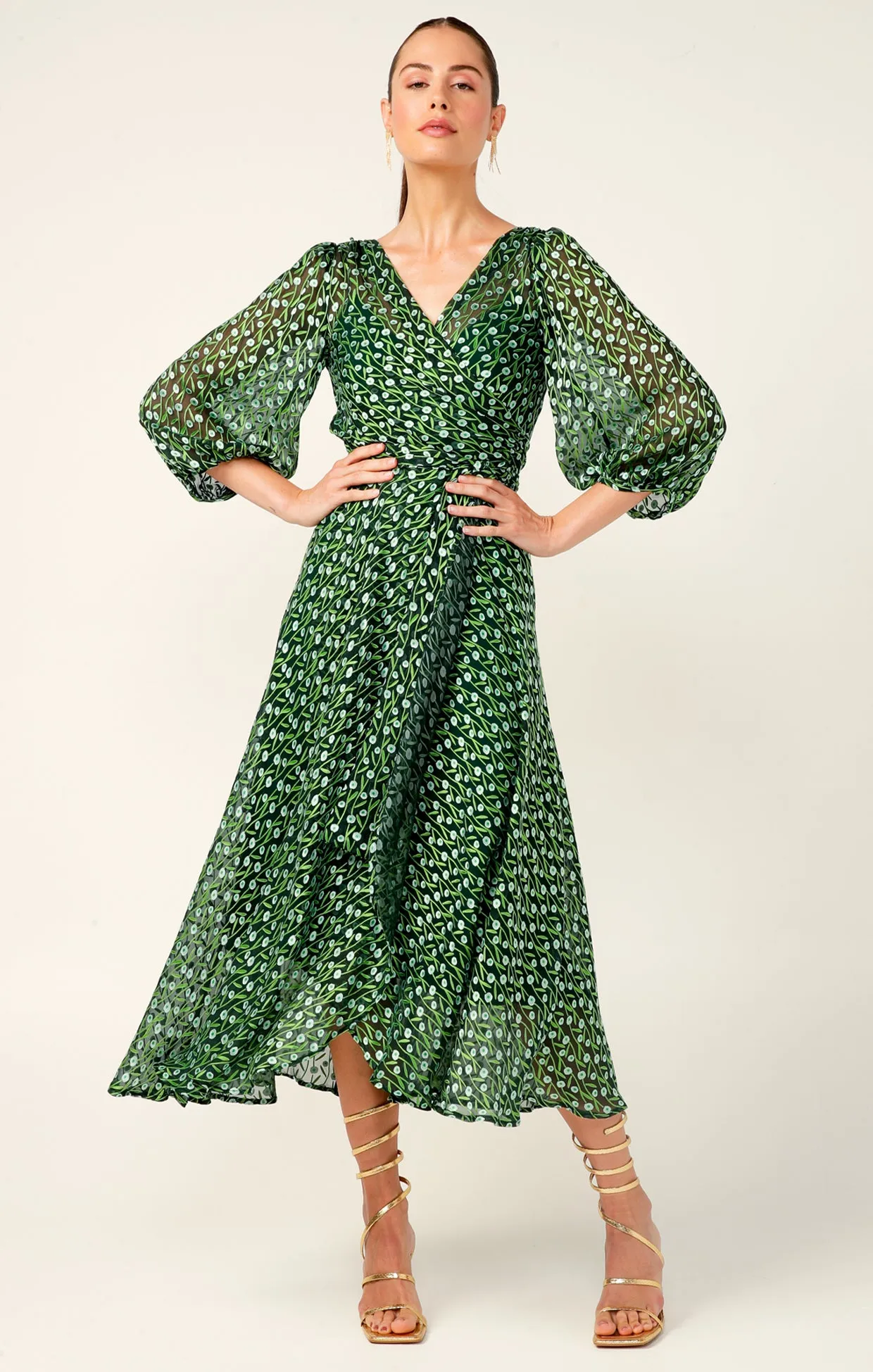 Sacha Drake Wonderland Wrap Midi in Emerald Poppy