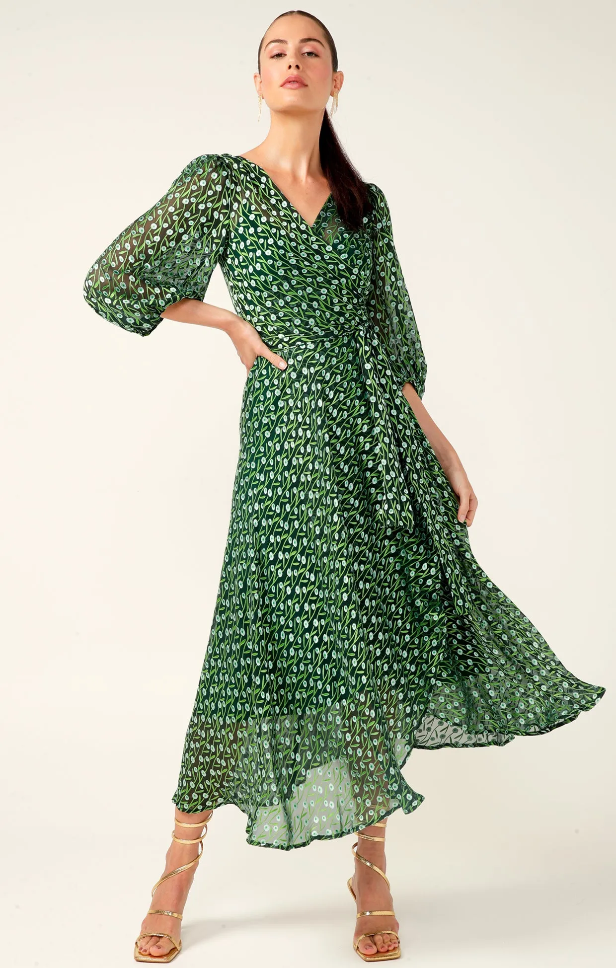 Sacha Drake Wonderland Wrap Midi in Emerald Poppy